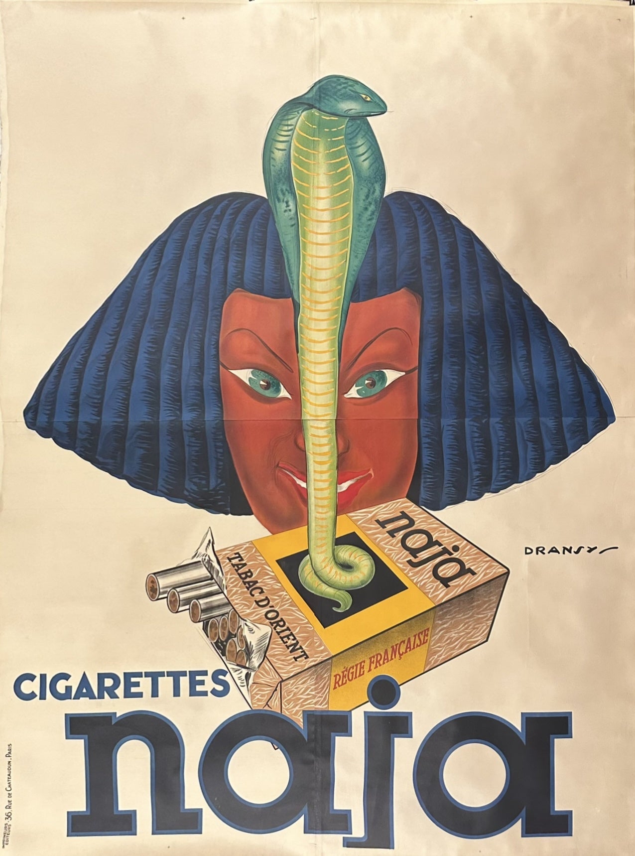 An Egyptian woman looks out from behind a snake and a cigarette box in this vintage tobacco advertisement.