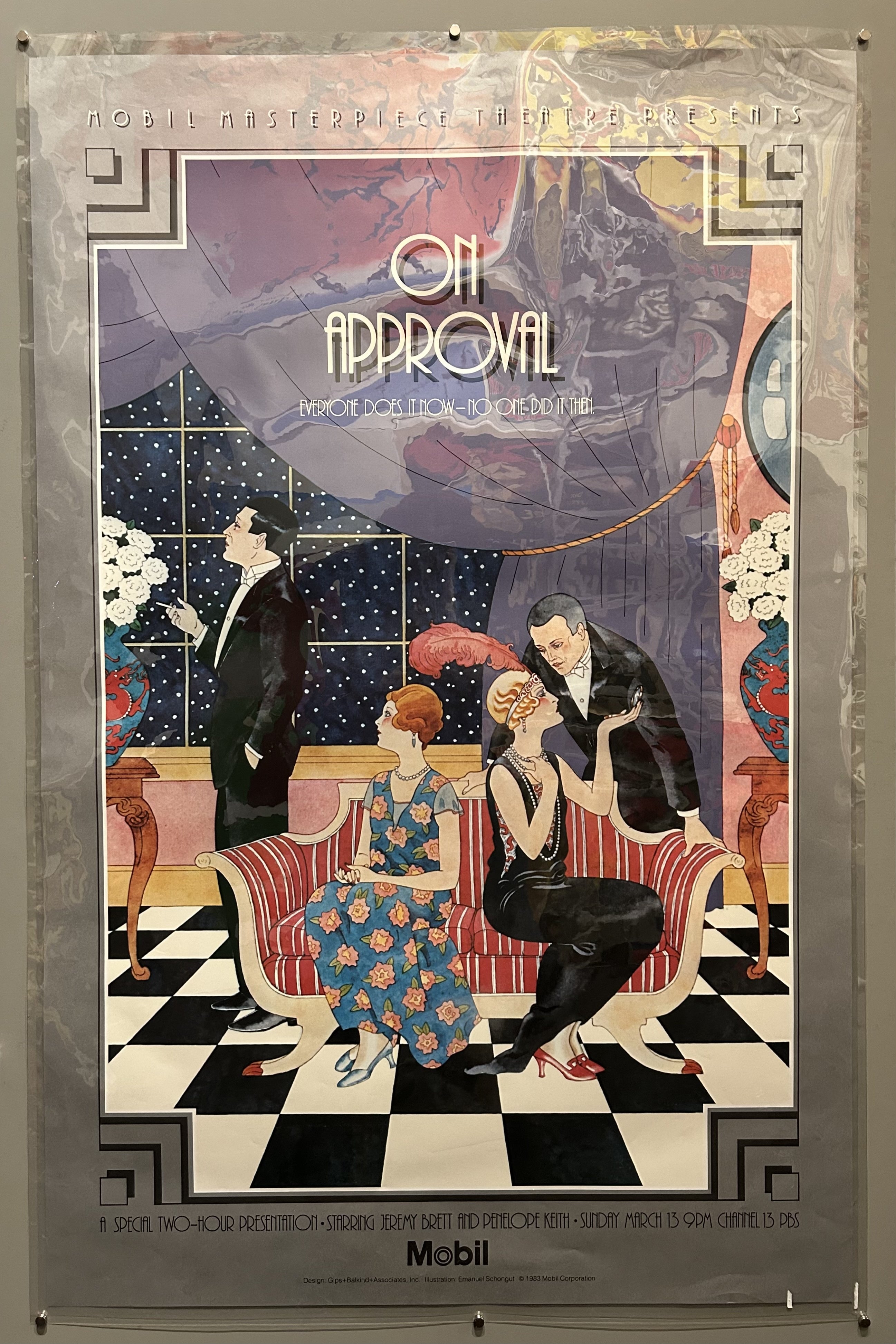 Characters from show On Approval are illustrated in art deco style on poster promoting show for Mobil Masterpiece Theatre.