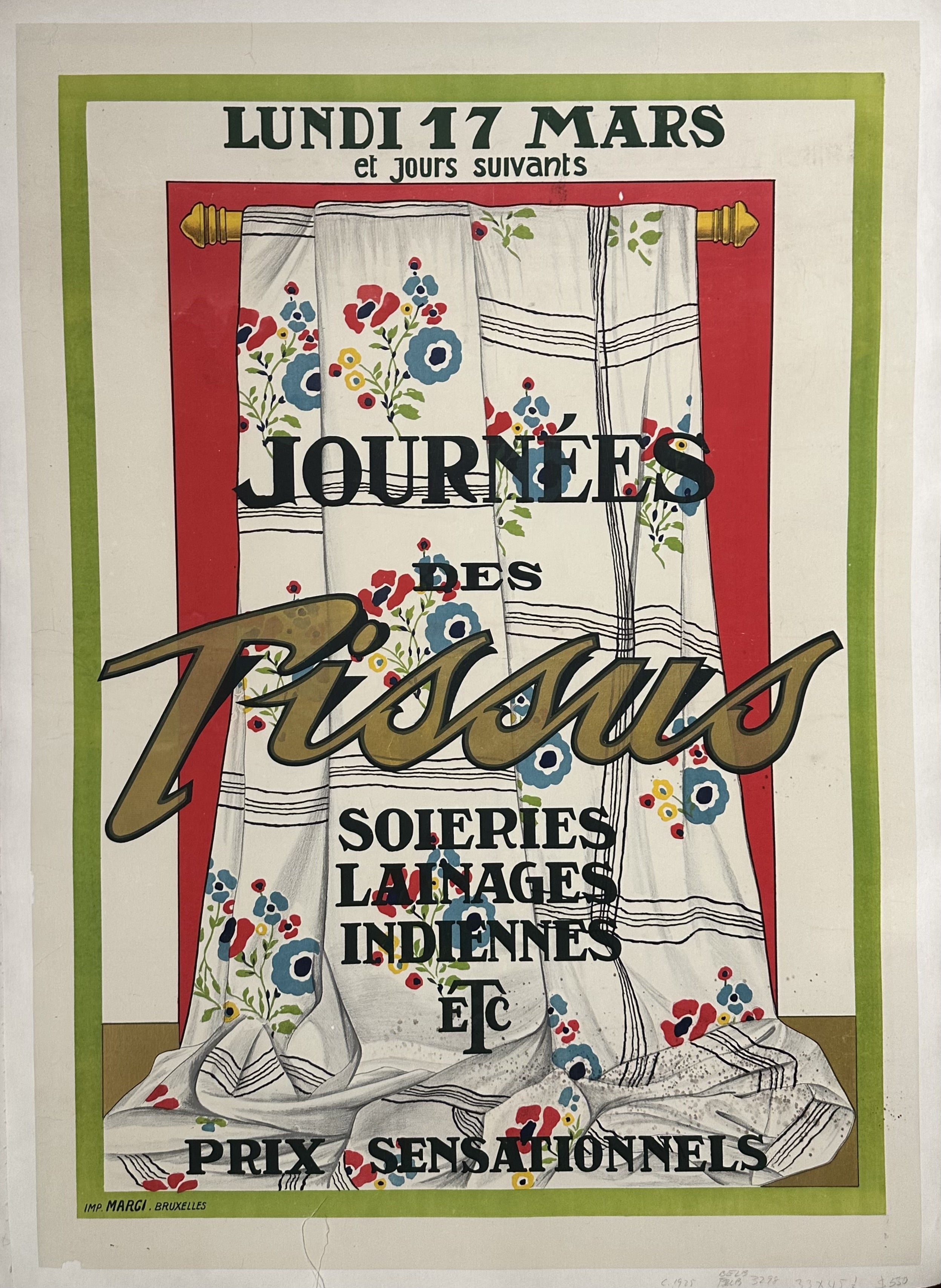 Floral curtain against red background in textile exhibition poster with black and gold-plated text.