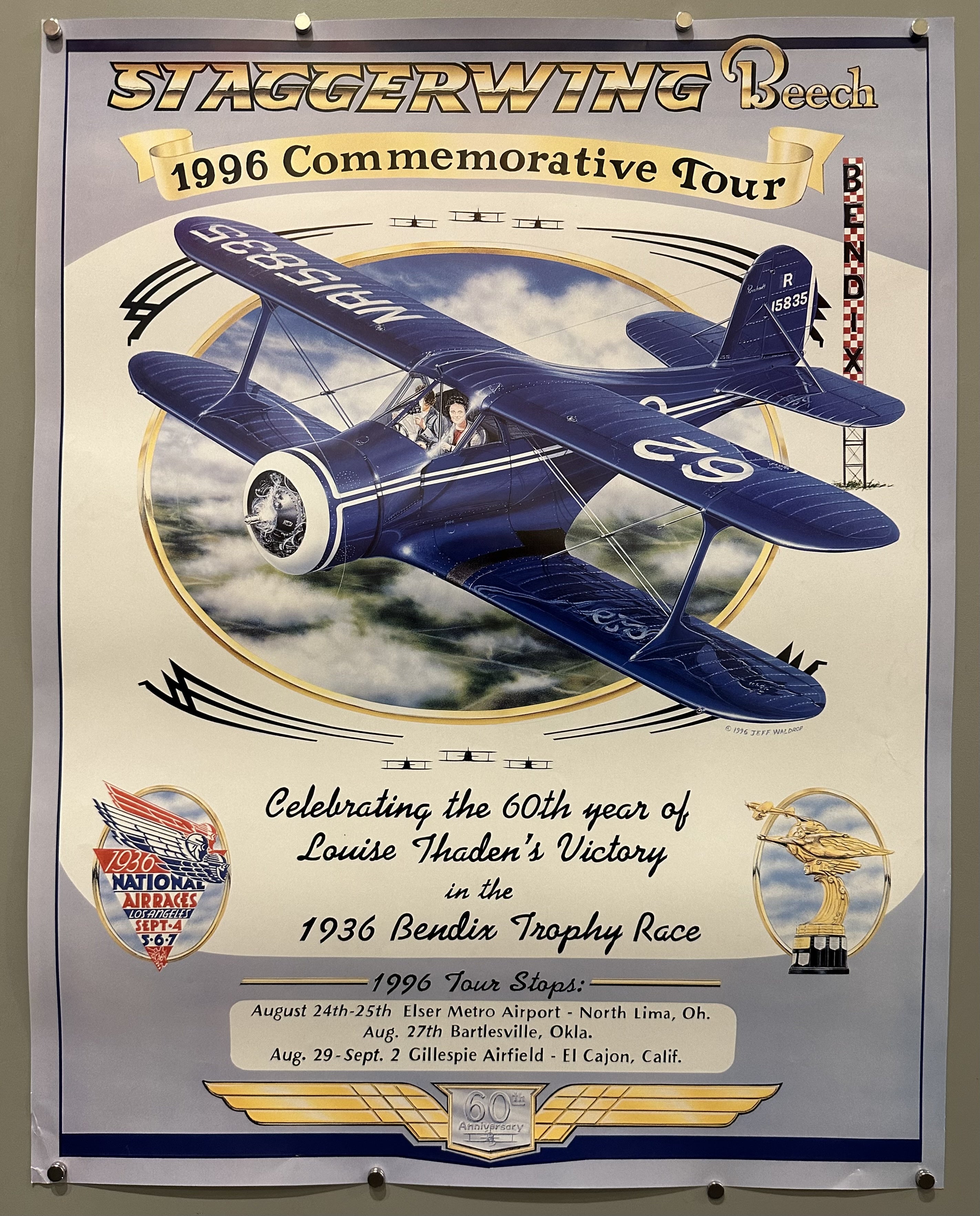 Illustrated retro plane with woman flying it in commemorative aviation poster.