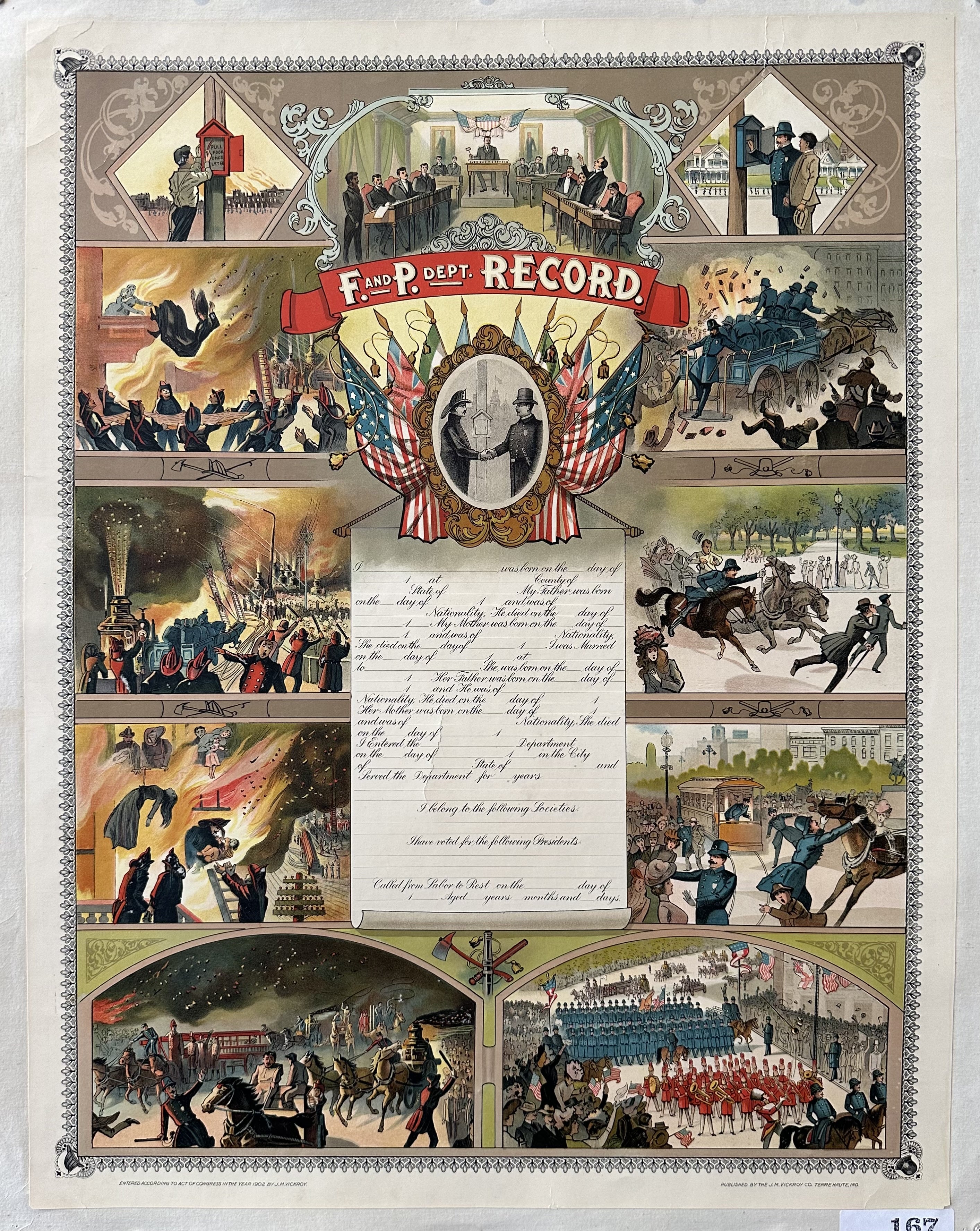 An antique Fire and Police Department record poster, featuring various scenes of firefighters and police officers in action, with a central section for personal information and service history.