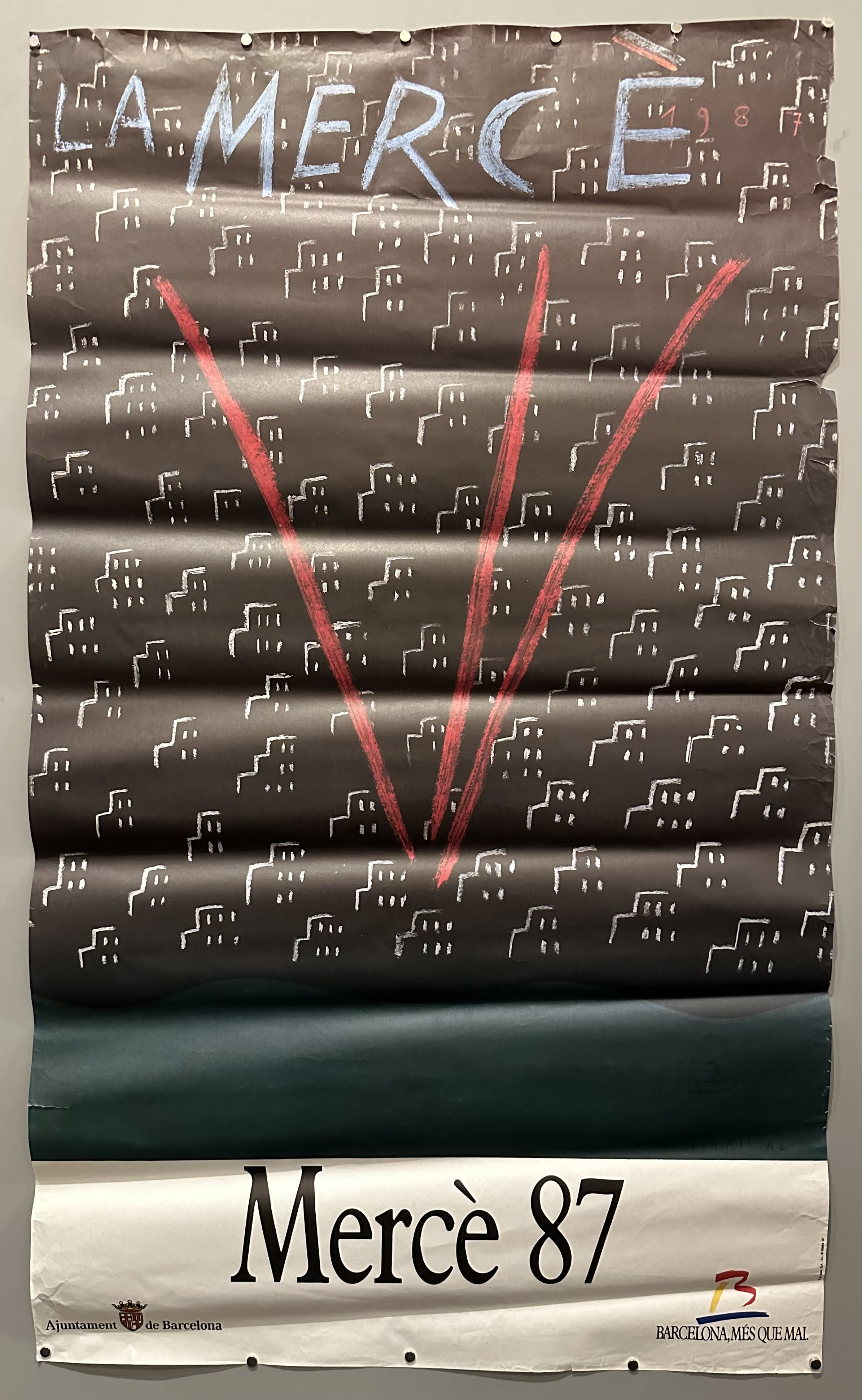 Black background with repeating white buildings for the La Mercè festival in Barcelona, Spain.