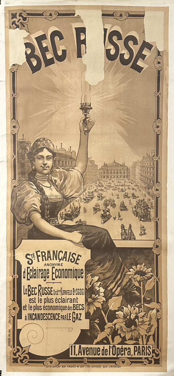 A vintage French advertisement for "Bec Russe" incandescent gas lamps featuring a woman holding a lit lamp, with text in French promoting it as the brightest and most economical gas lamp.
