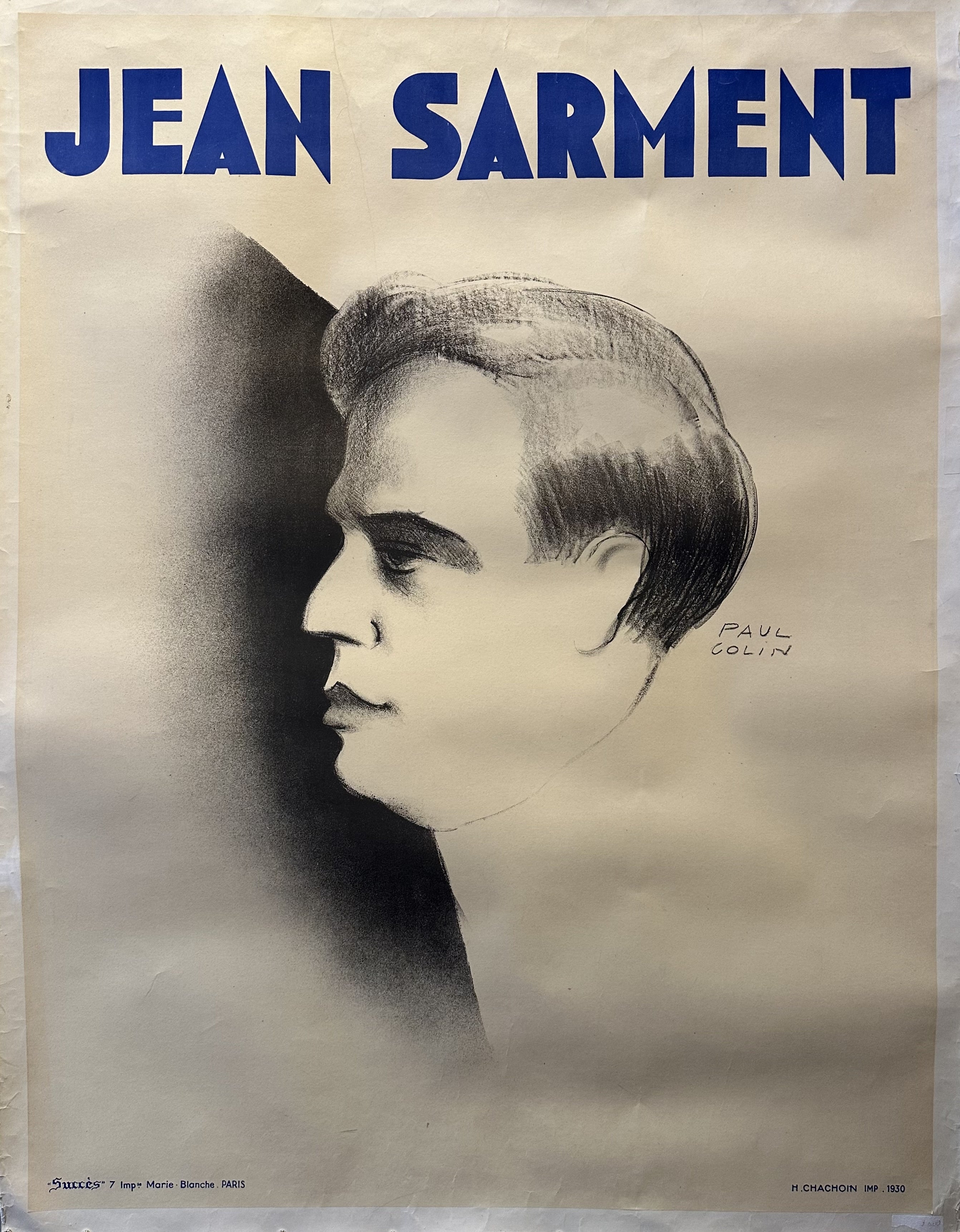 Side profile of Jean Sarment drawn in black and white by Paul Colin.