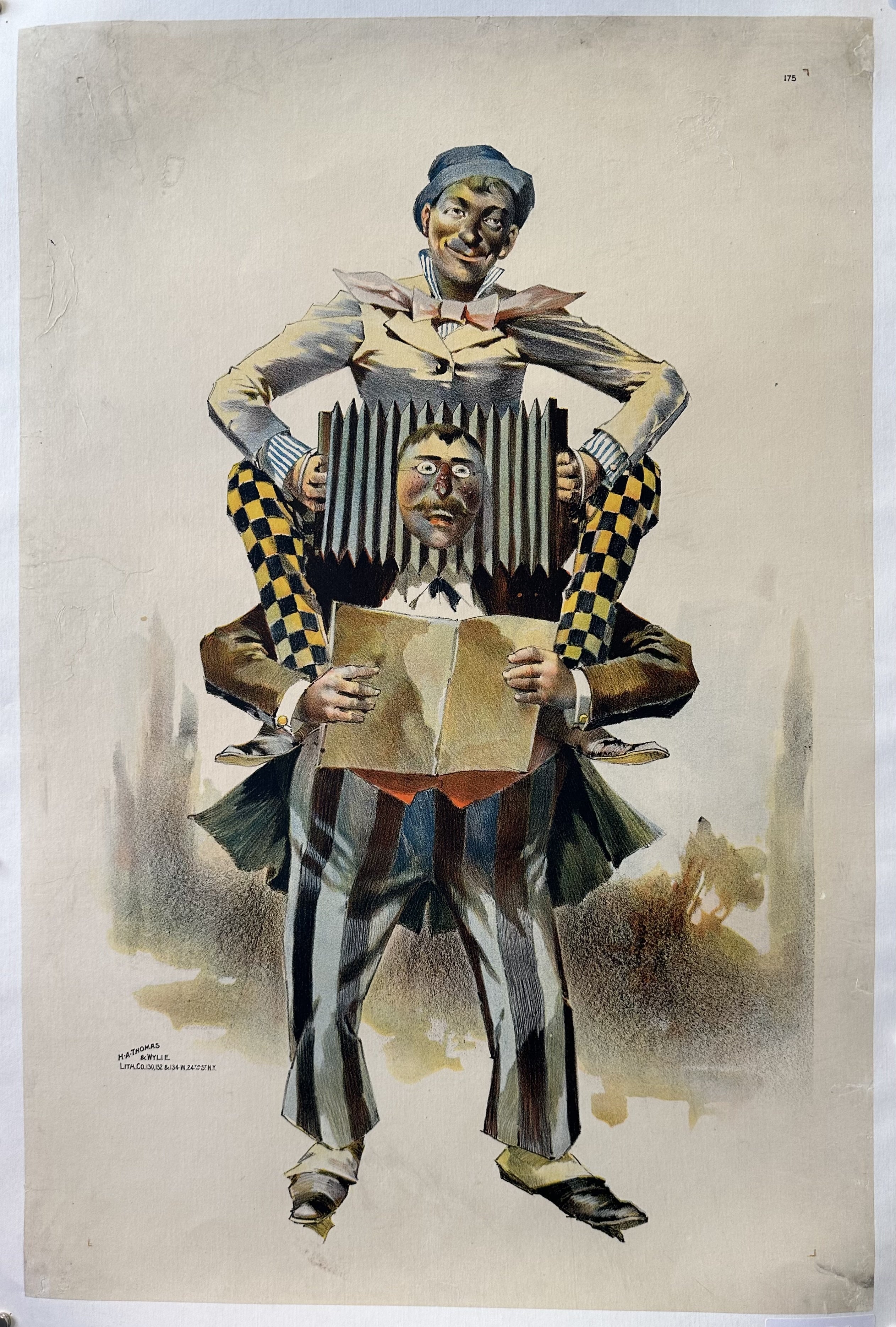 Lithograph of a jester playing a man's head like an accordion.