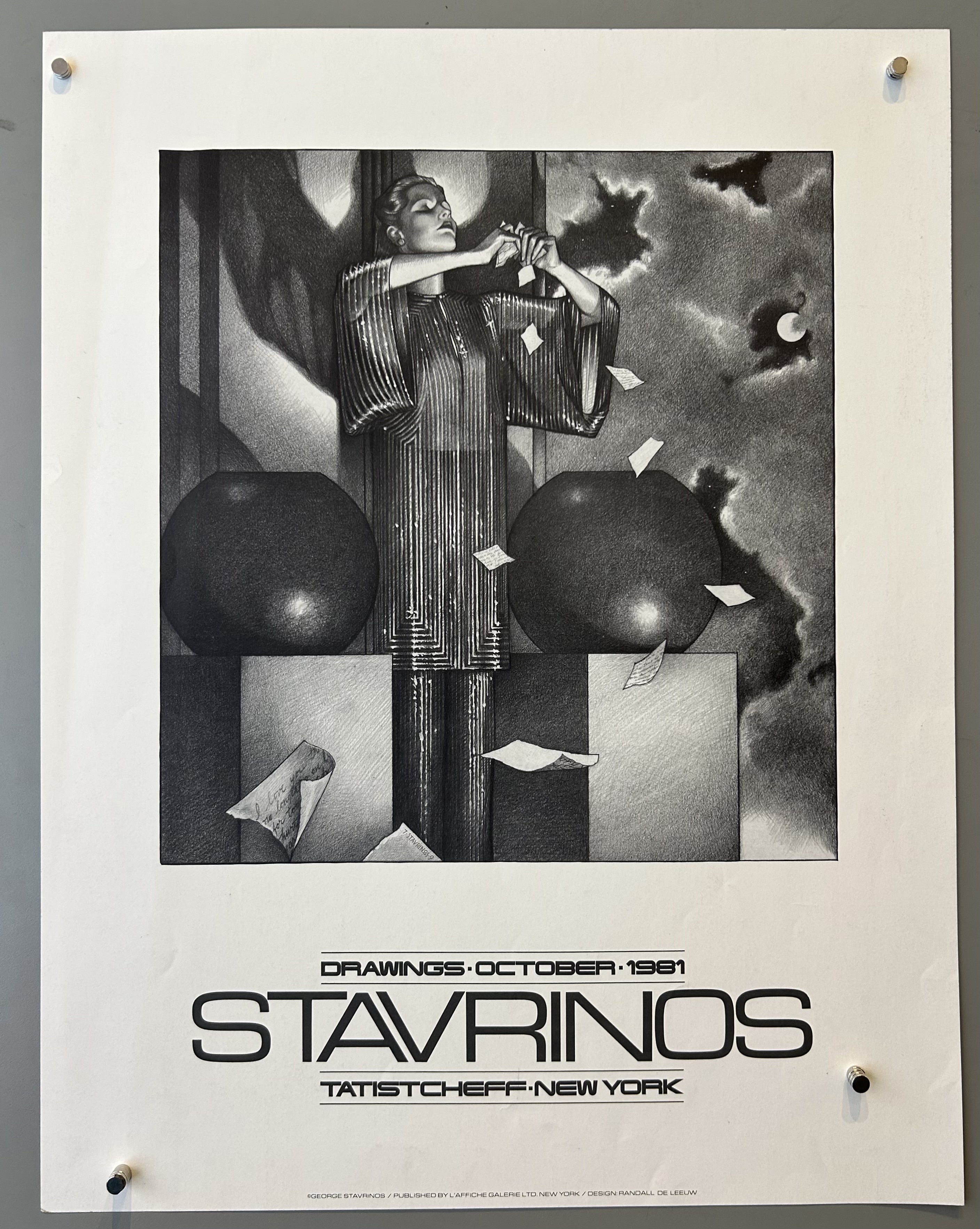 Balck and white poster with a statue illustrator ripping paper promoting George Stavrinos work