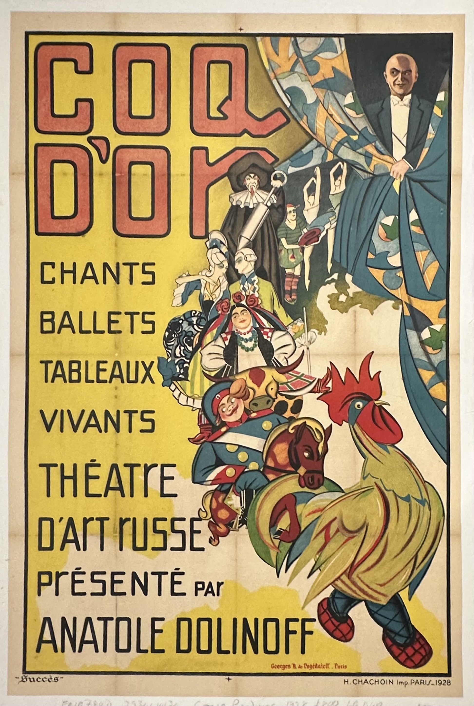 Actors in the play are illustrated against yellow background with red and black text on the left-hand side.