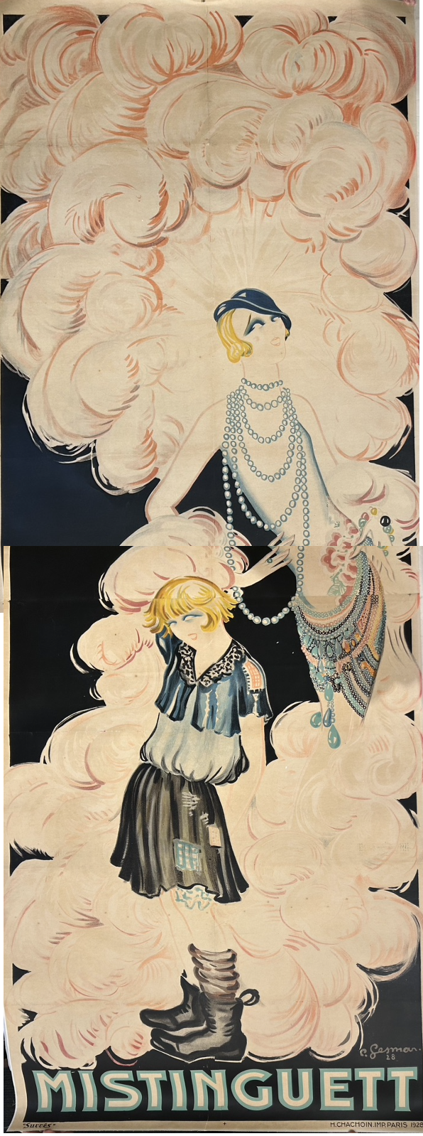 A poster featuring Mistinguett wearing an extravagant costume with another person next to her. She has feathers surrounding them with a small cap and pearl jewelery around her neck draping down her tourso.