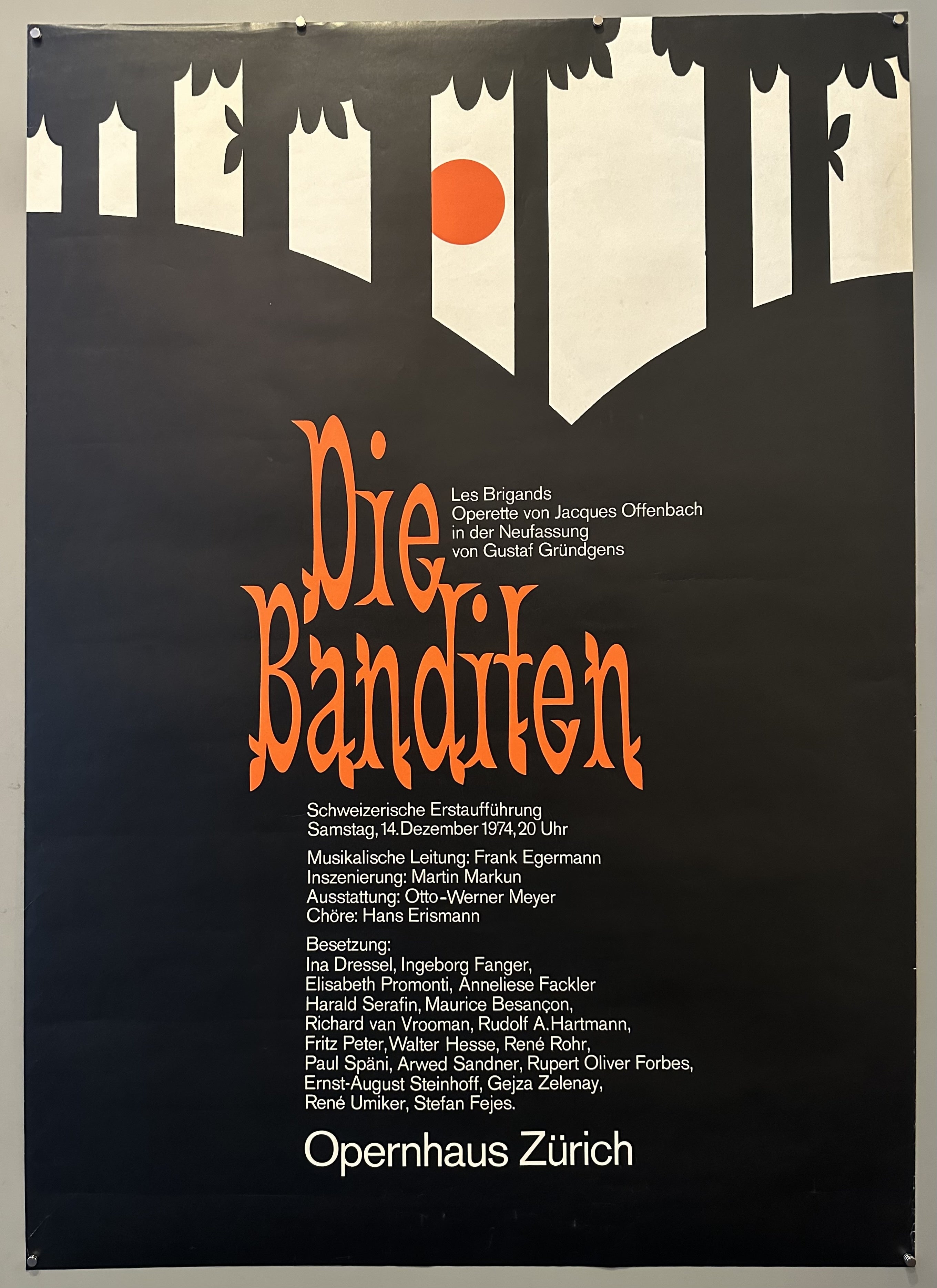 A German-language poster for the operetta "Die Banditen" (The Bandits) by Jacques Offenbach, performed at the Opernhaus Zürich (Zurich Opera House).
