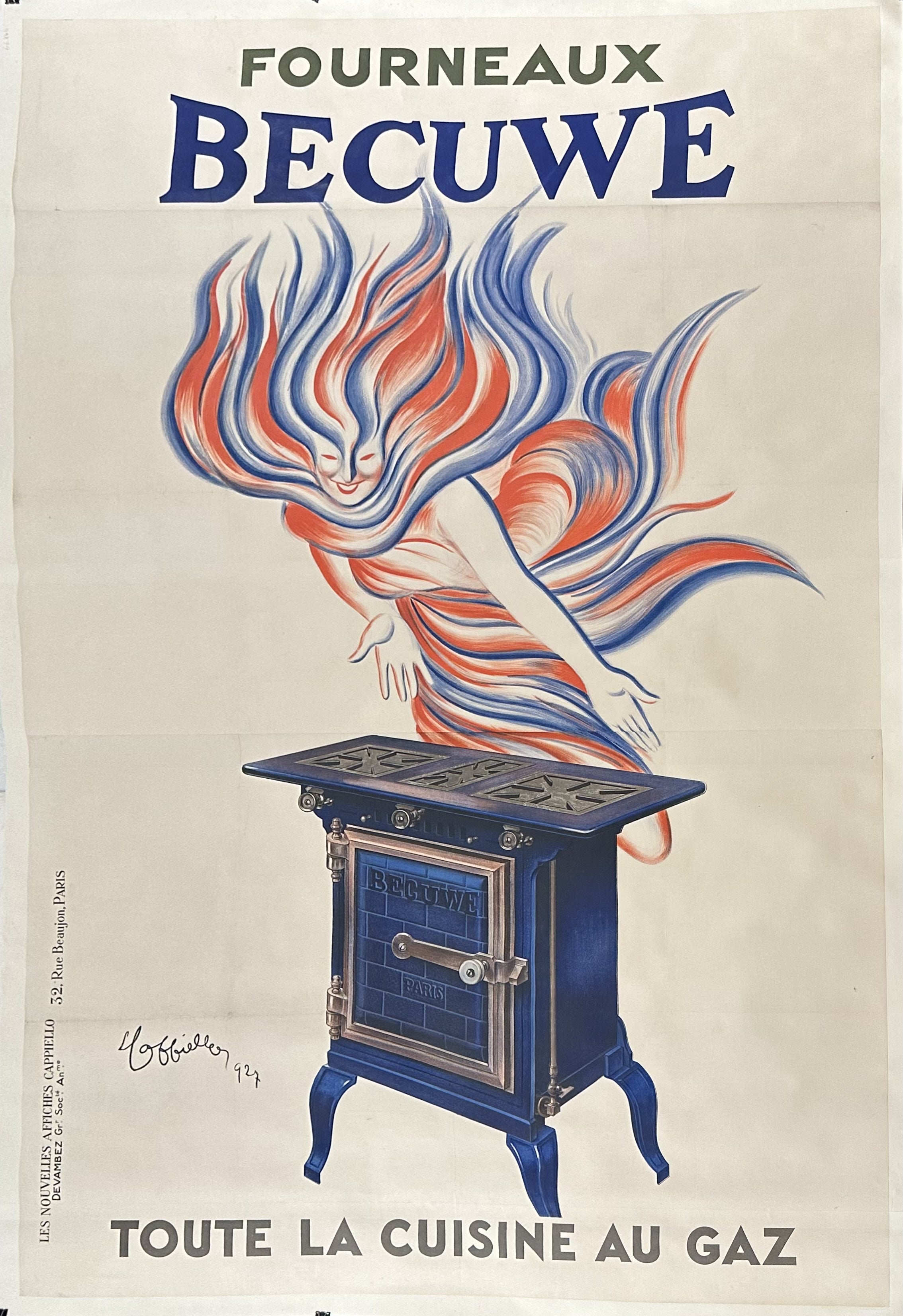 A personified wave of smoke presents a new stove from French brand Becuwe in this vintage ad.
