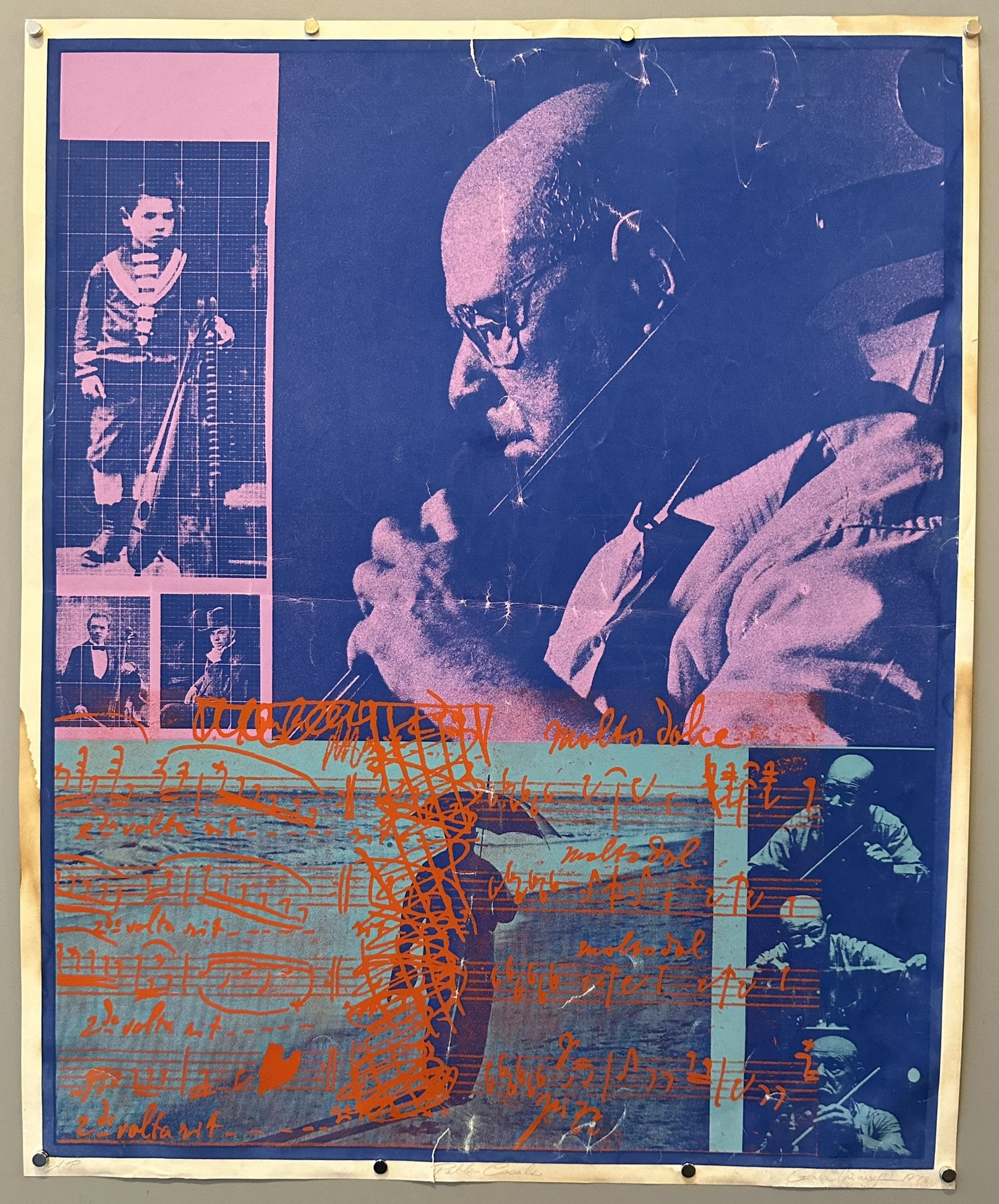 A mixed-media poster with a dominant blue and pink color scheme. The top right features a large portrait of a man with glasses, in blue and pink tones.