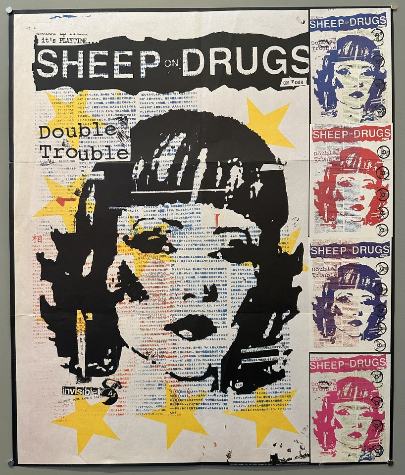 A poster for "Sheep On Drugs Double Trouble," featuring a large, stylized black and white image of a person's head with spiky hair, possibly a punk or electronic music artist.