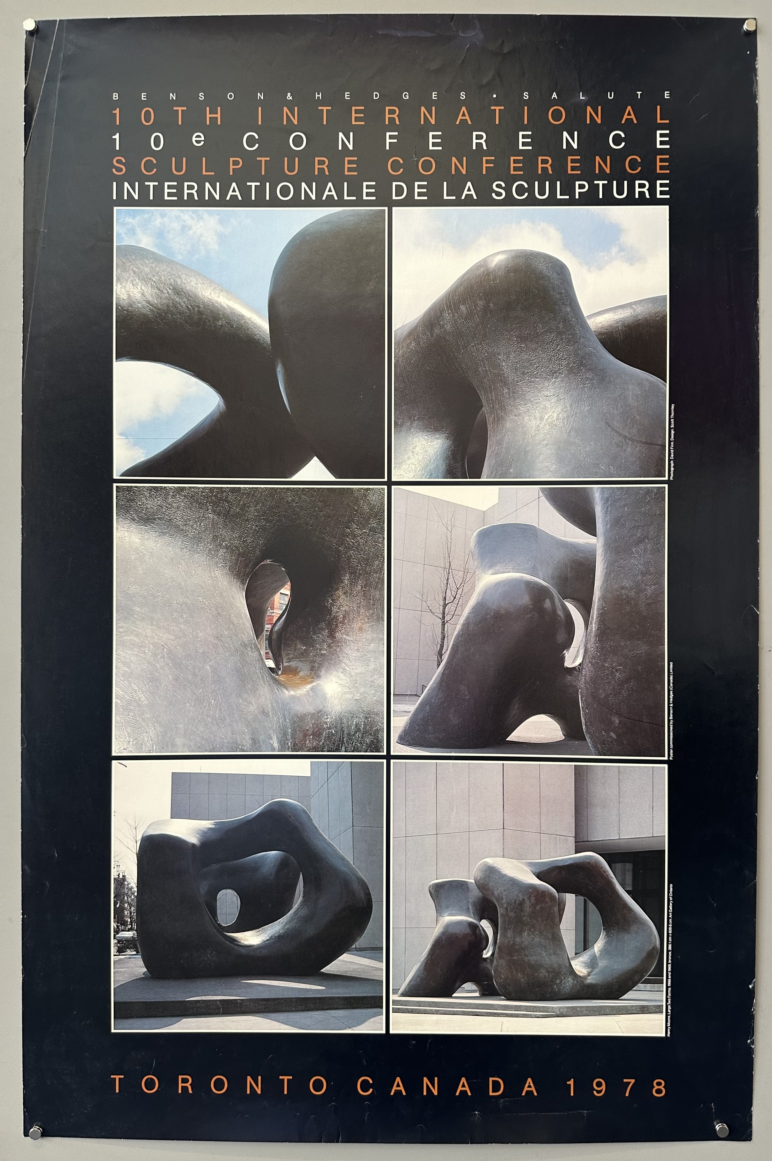 Black poster with six photographs of the same sculpture by Henry Moore with white and orange text along top and bottom.