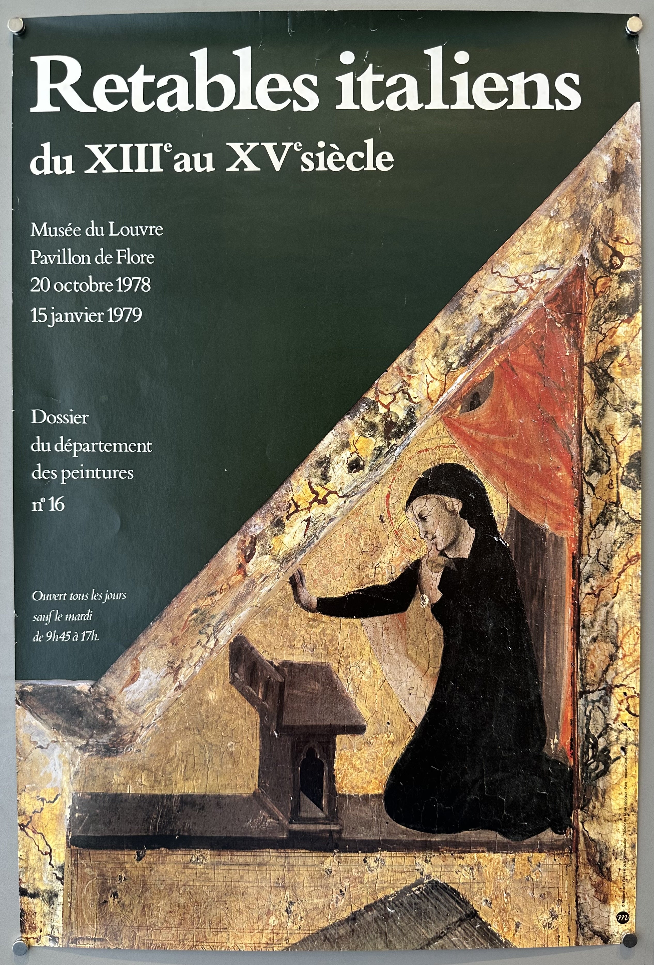 Woman kneeling before an altar with green background and white text to promote exhibit at the Louvre.