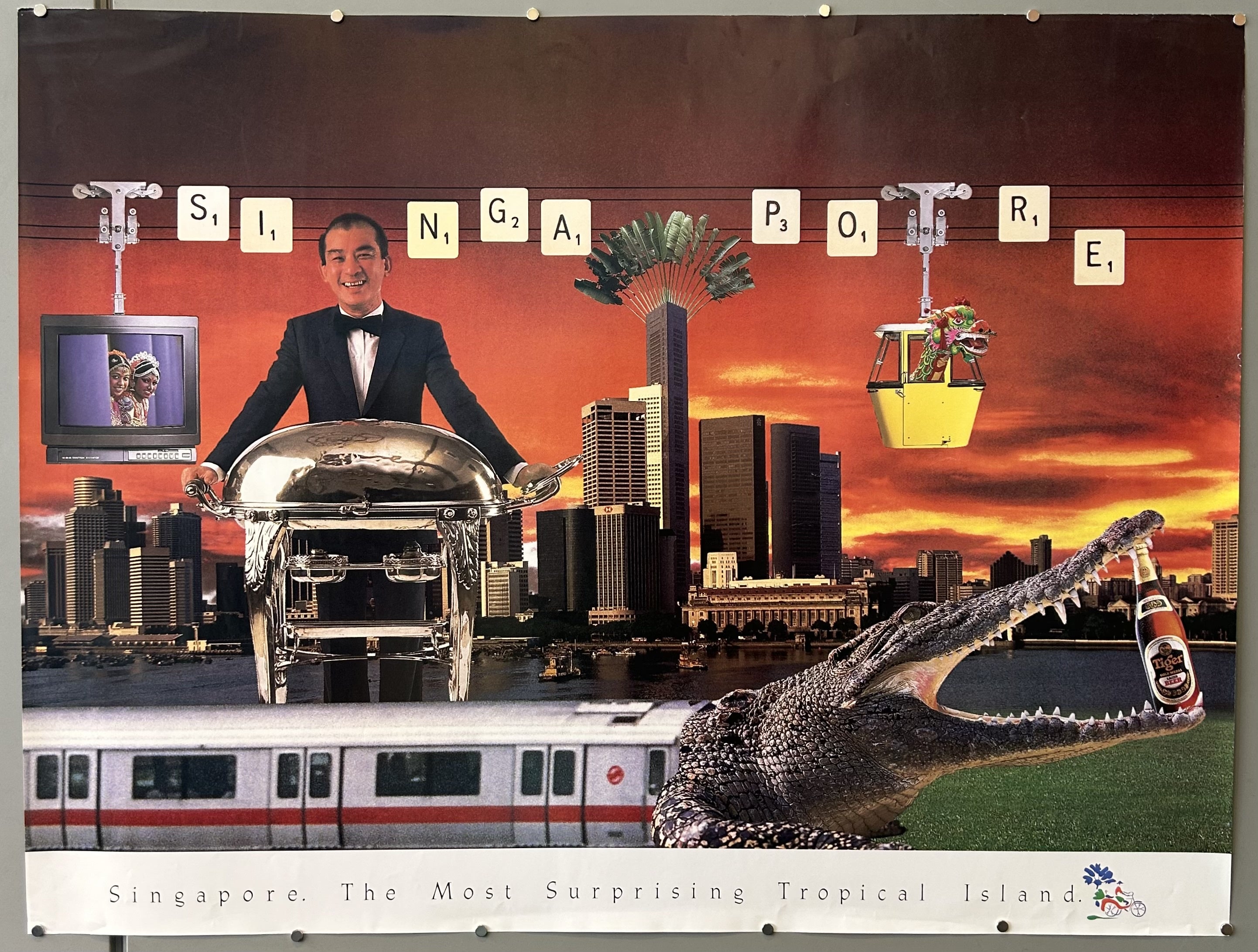 Singapore Tourism Board travel poster featuring collage of various photographs to symbolize Singapore's diverse tourist attractions.