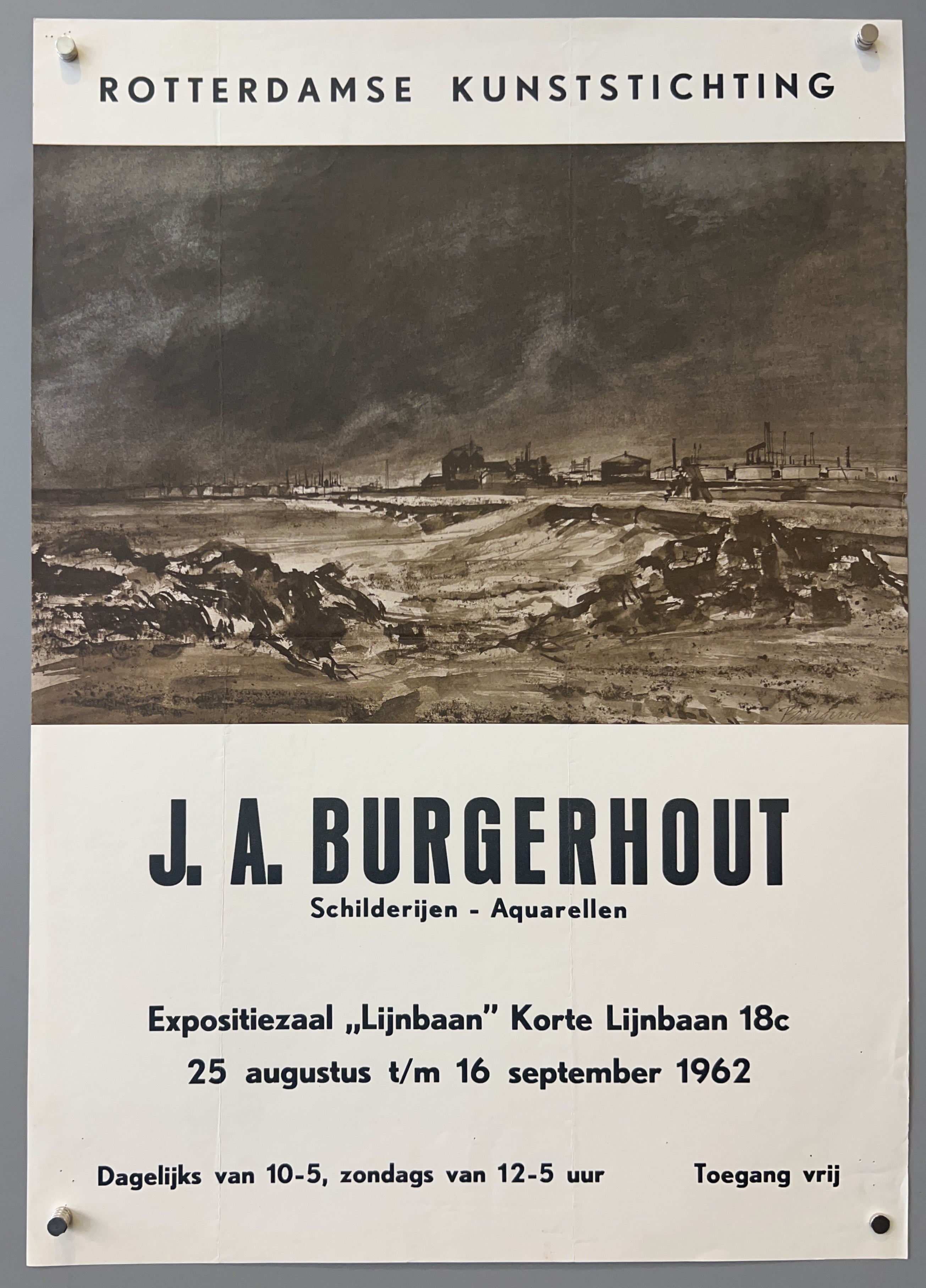 Art exhibition poster for gallery in Rotterdam featuring harbor painting by Burgerhout and black text underneath.