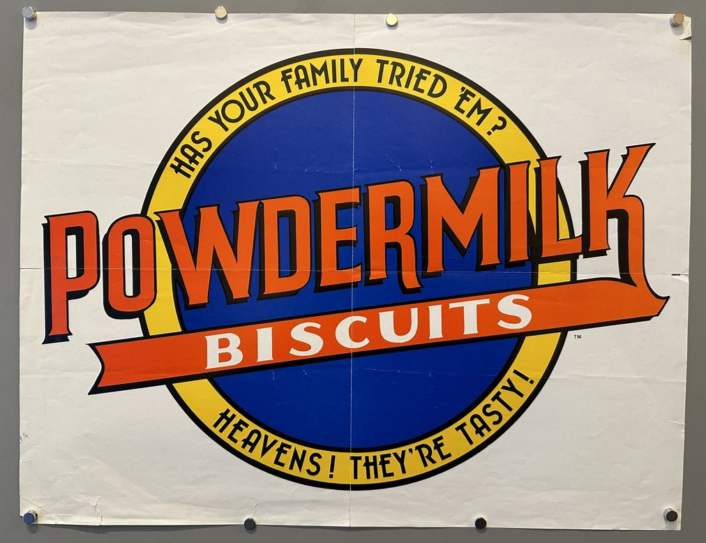 The poster for Powdermilk Biscuits, a fictional product famously associated with Garrison Keillor's radio show A Prairie Home Companion, is from the 1980s.