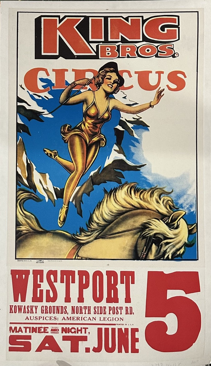 The image displays a vintage poster for the King Bros. Circus, featuring a female aerialist and a horse, advertising a performance in Westport on a Saturday in June.