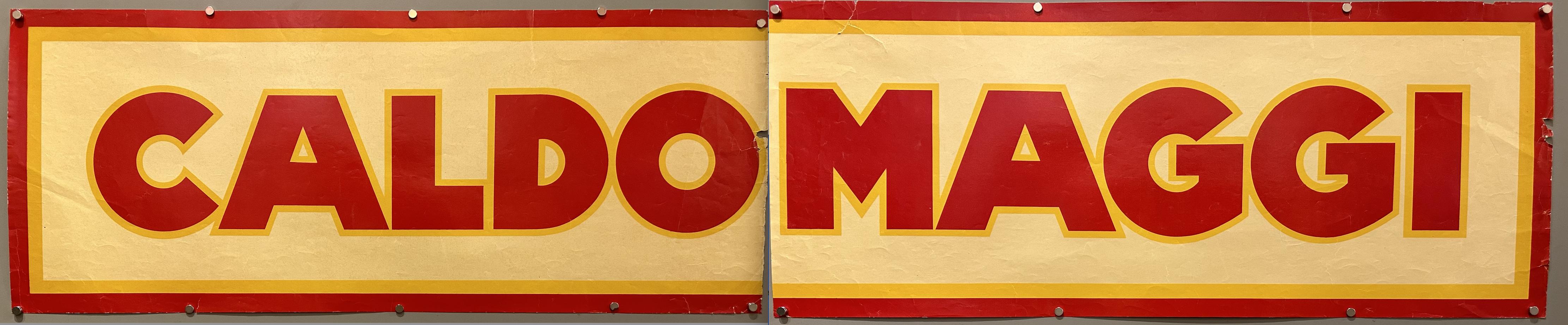 Minimalist design of red text against yellow background for Italian soup brand Maggi.