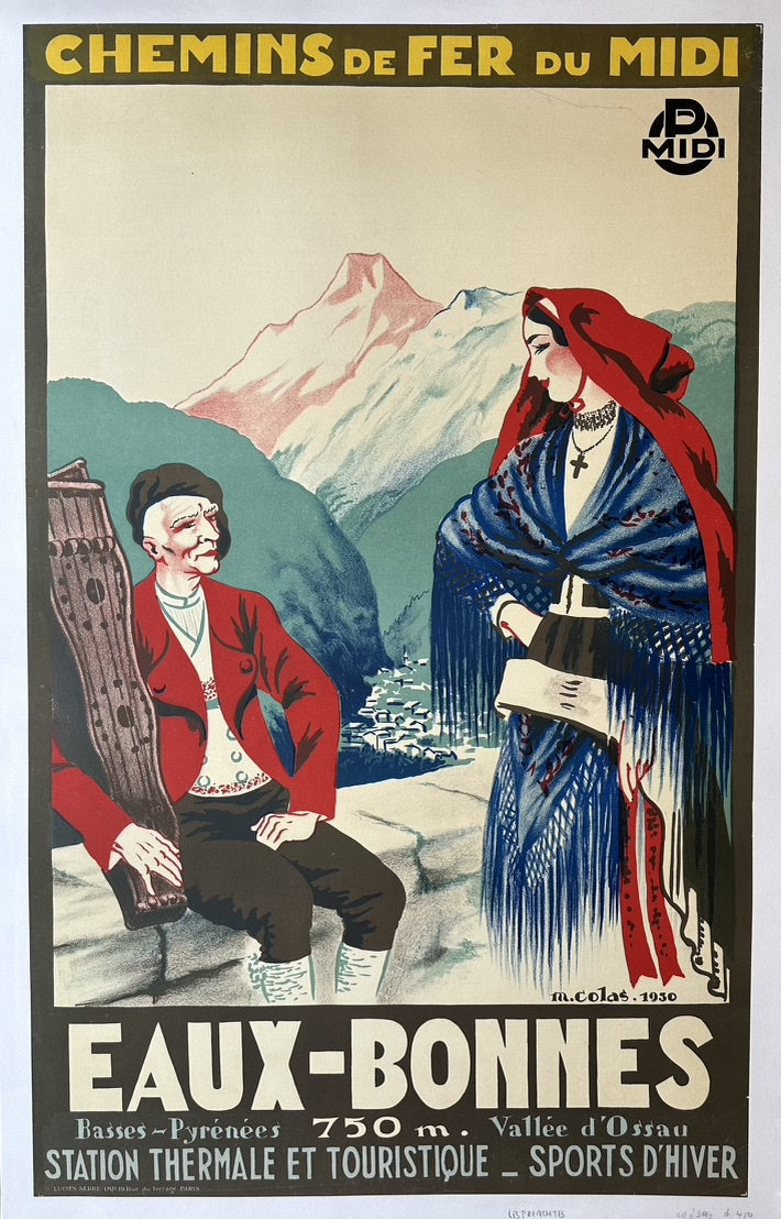 Eaux-Bonnes in the French Pyrenees, depicting two traditionally dressed figures with a mountainous landscape and village in the background.