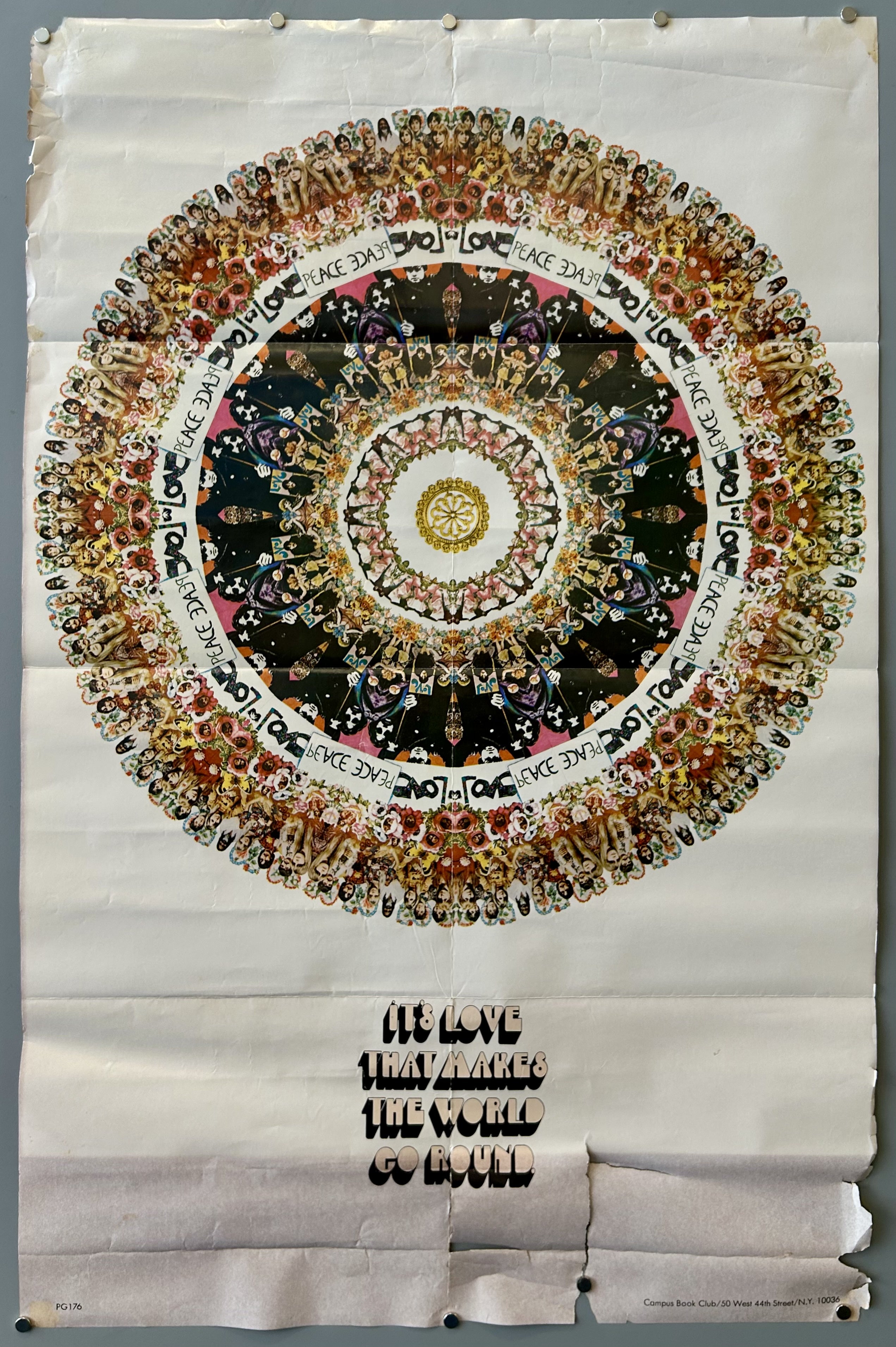 The "Love Makes the World Go Round" poster is from the 1970s. It is categorized as a psychedelic poster and features inspirational and illustrative elements.