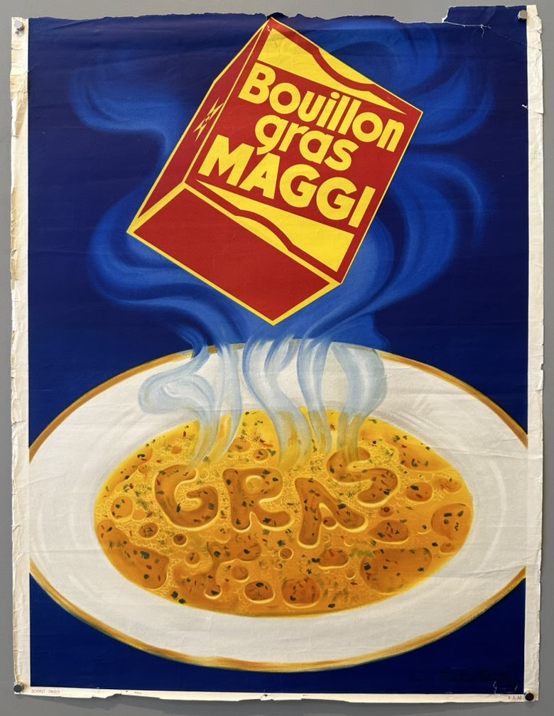 A vintage poster for Maggi bouillon, featuring a yellow and red box labeled "Bouillon gras MAGGI" floating above a steaming bowl of golden soup with the word "GRAS" spelled out in the liquid