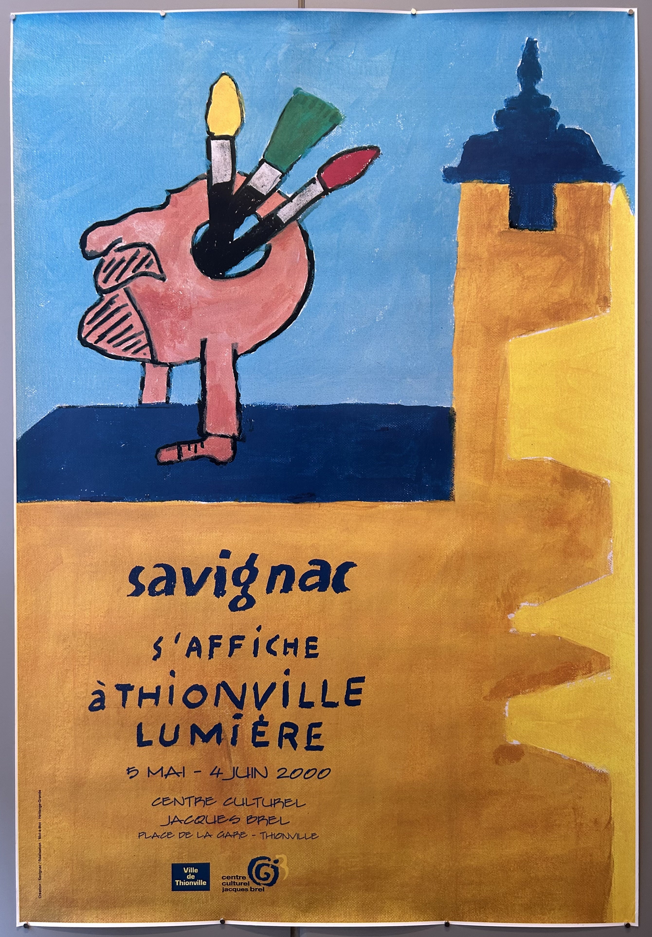 This poster advertises an exhibition titled "Savignac s'affiche à Thionville Lumière," featuring the works of renowned French poster artist Raymond Savignac.