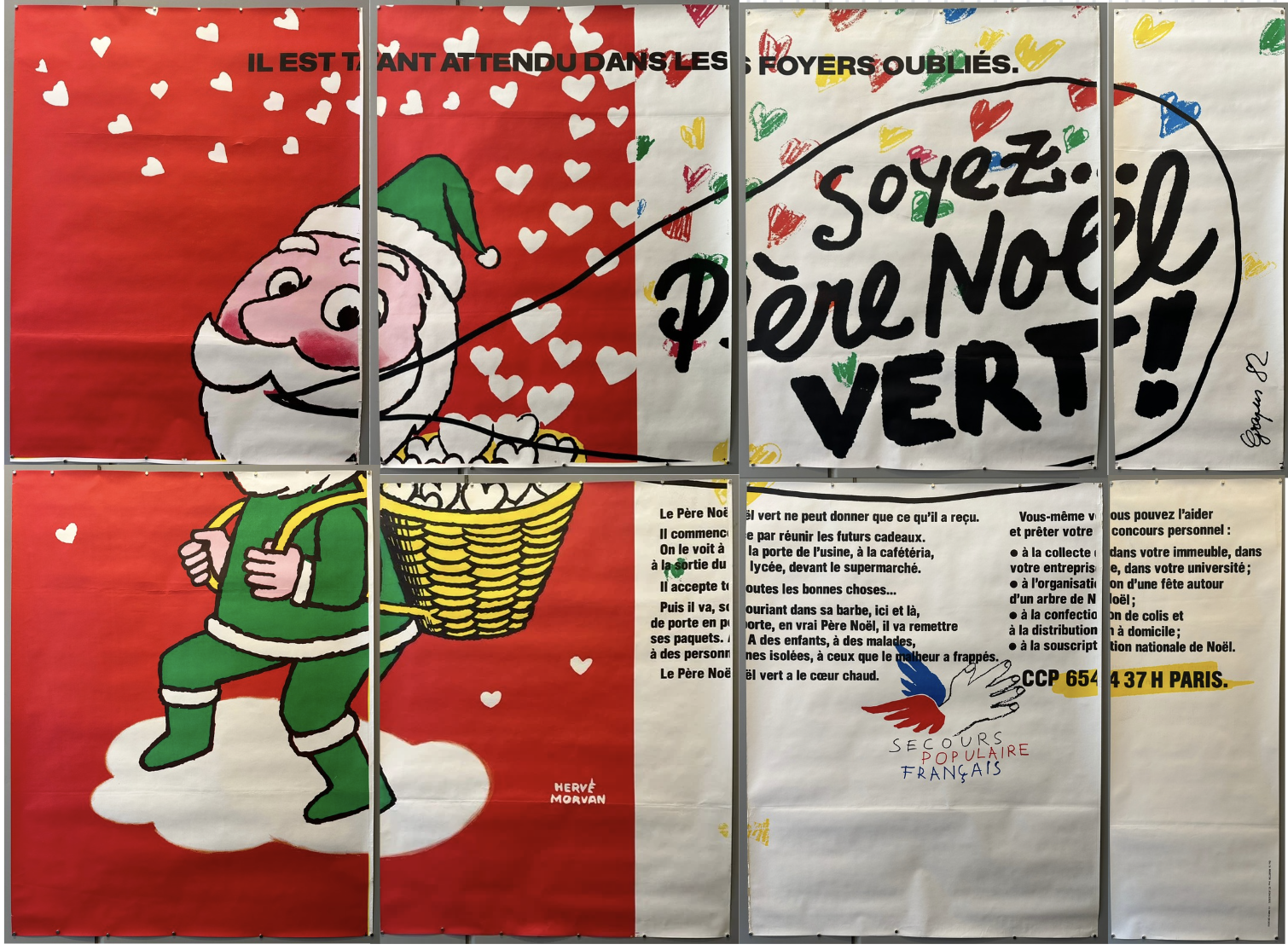 A multi-panel poster featuring a green-suited Santa Claus (Père Noël Vert) on a red background with white hearts, holding a basket of gifts. Text on the poster reads: "IL EST TANT ATTENDU DANS LES FOYERS OUBLIÉS. Soyez Père Noël VERT!" and further explains the initiative of "Père Noël Vert" to collect gifts for those in need