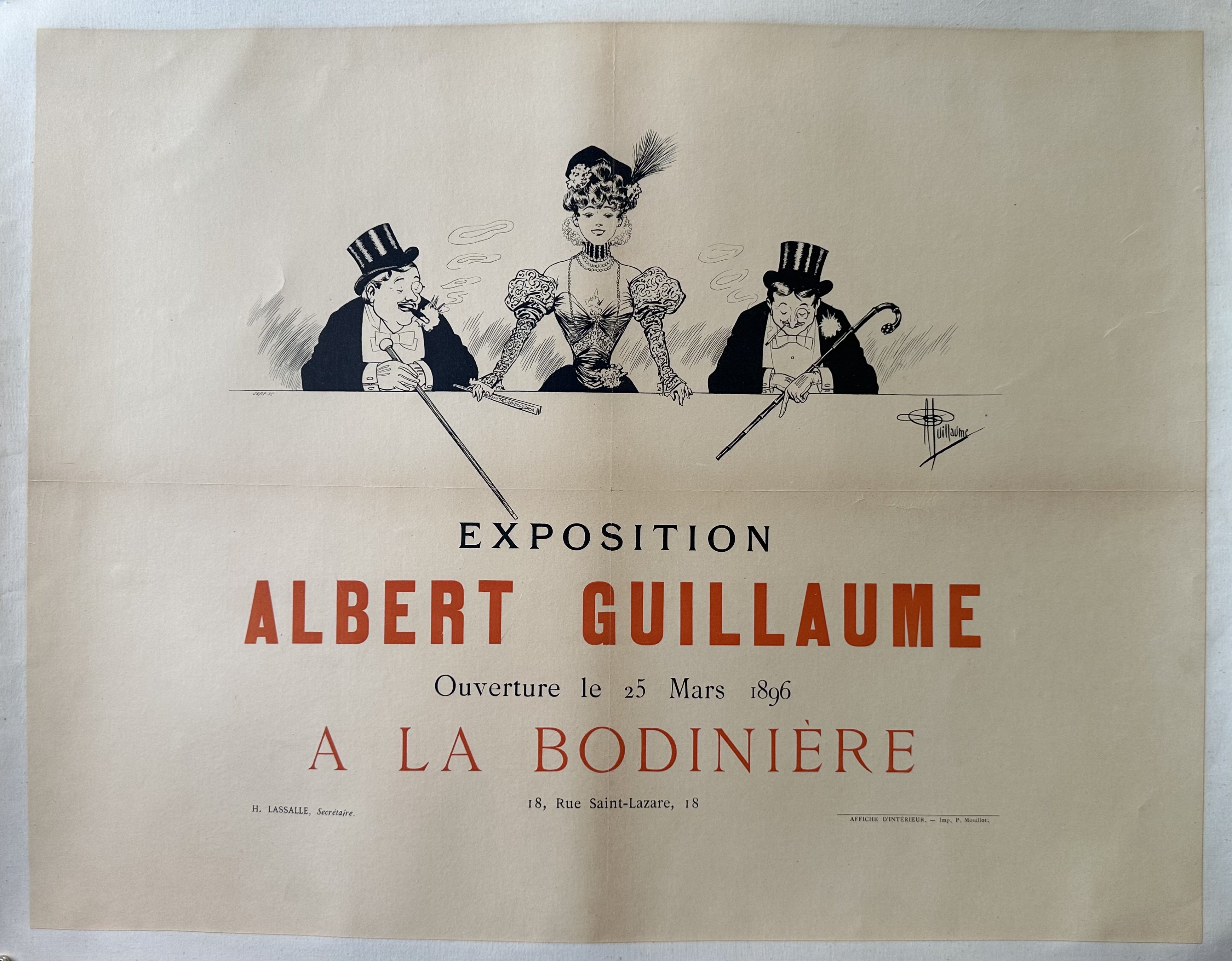 The poster features a black and white illustration of a woman in a fashionable dress and two men in top hats and formal wear, all three holding canes.