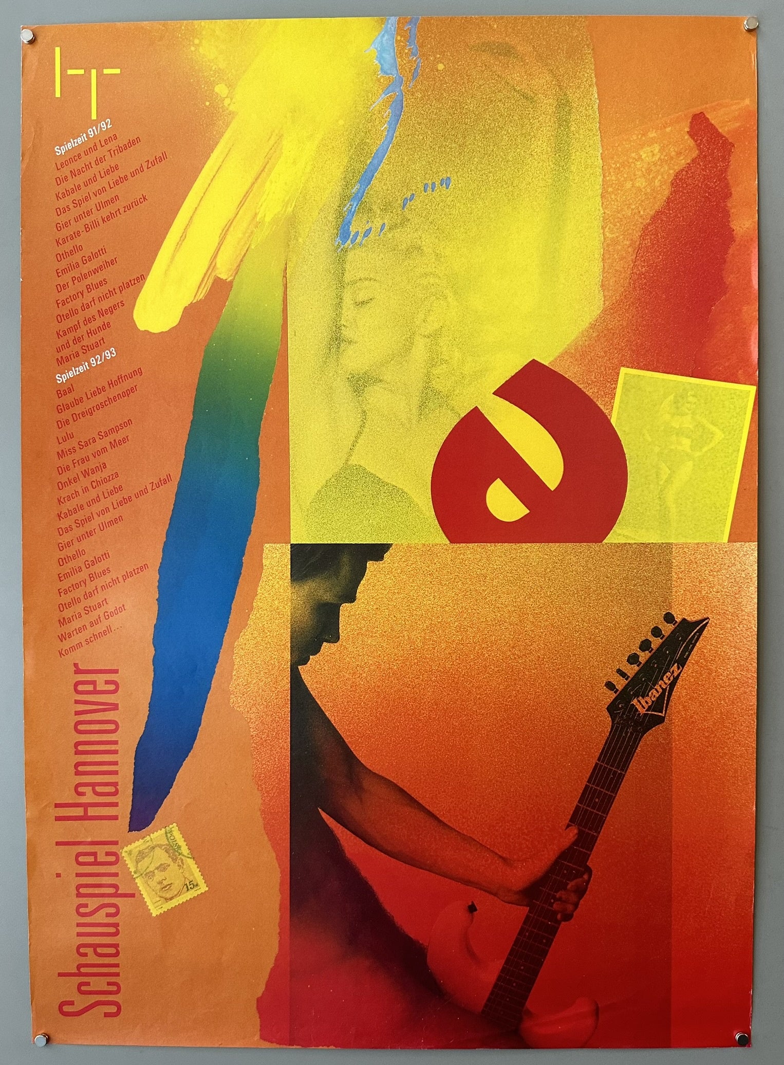 A colorful German theater poster from the early 1990s, featuring abstract art, text listings of plays for the 1991/92 and 1992/93 seasons of Schauspiel Hannover, and a lower section depicting a person holding an Ibanez electric guitar.