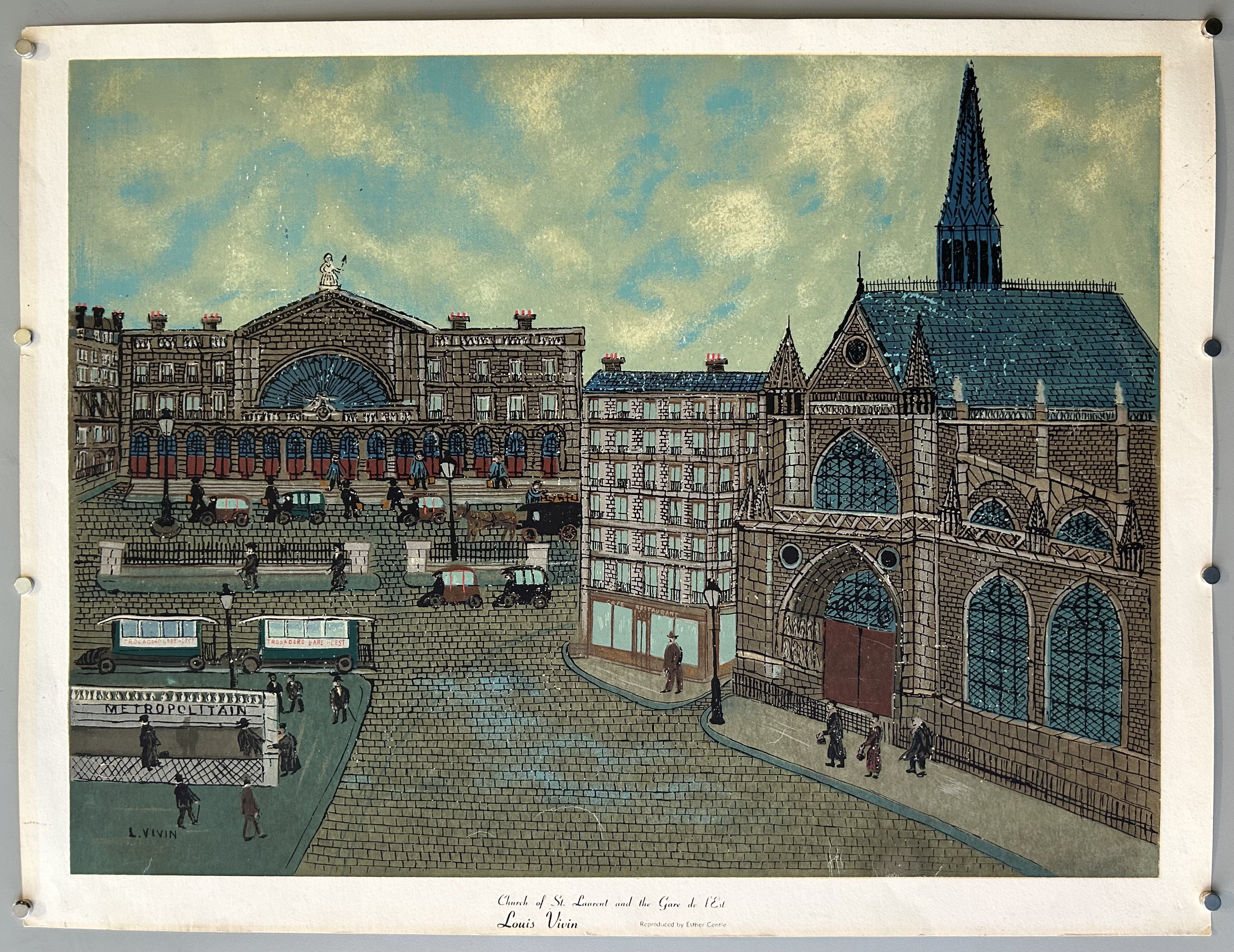 This artwork is a reproduction of Louis Vivin's painting "Notre Dame," created in 1933. Louis Vivin was a French Naïve painter who lived from 1861 to 1936.