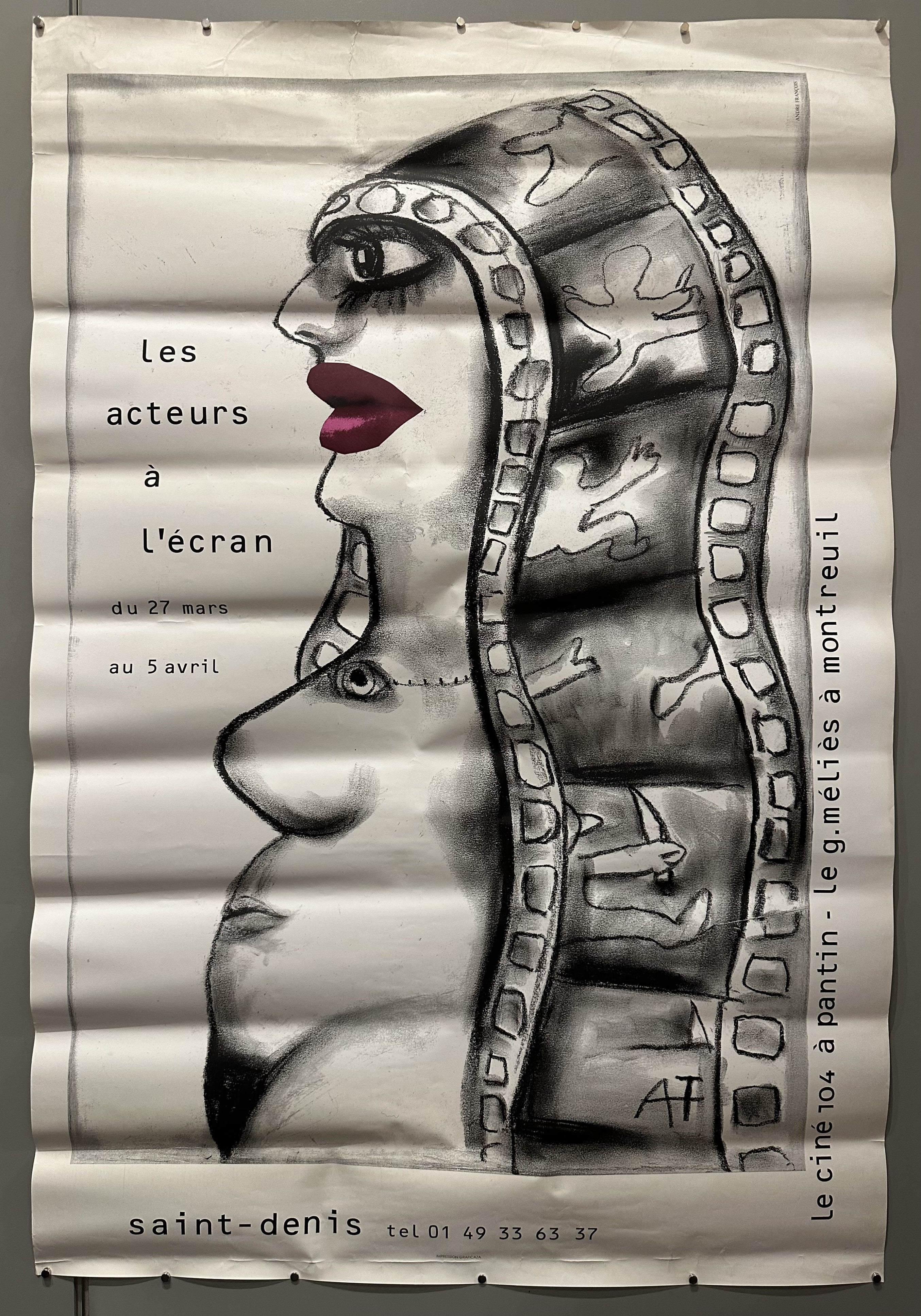 An abstract illustrated figure with a film strip for hair is drawn in black and white in French poster.