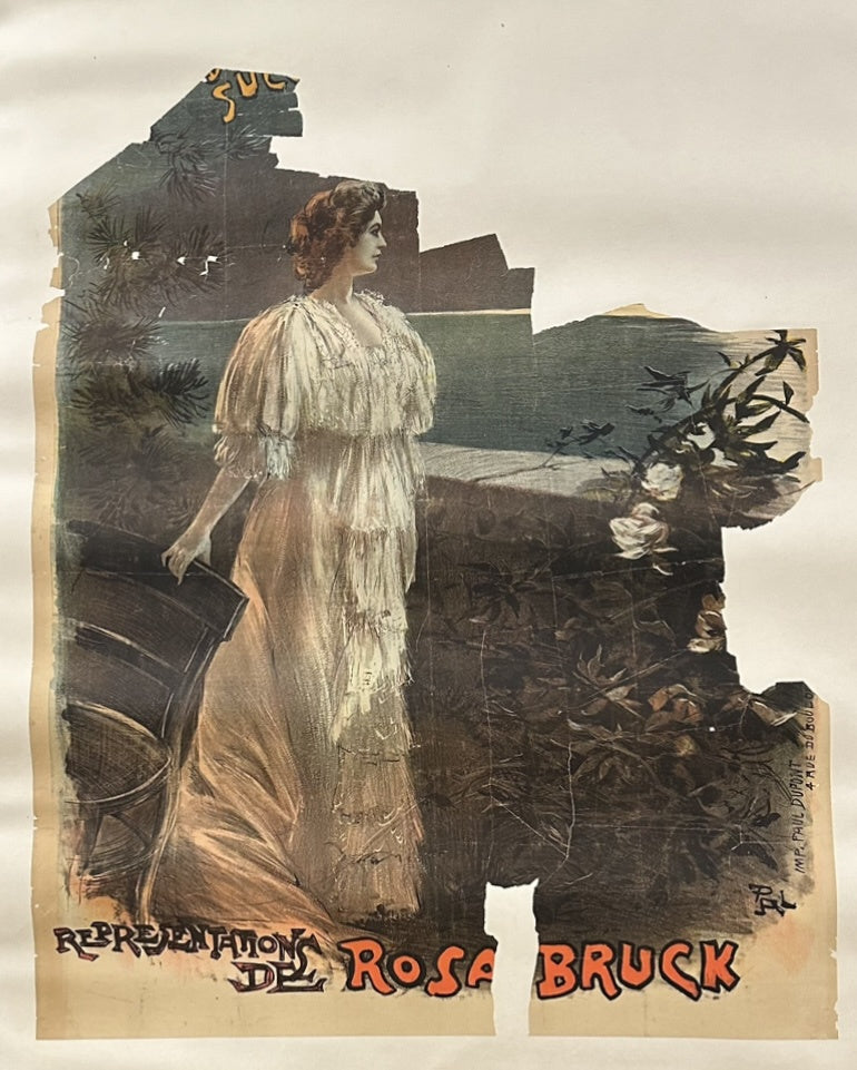 Poster is missing top right rest of paper but has full illustration of French actress Rosa Bruck on the left-hand side with French text underneath her.