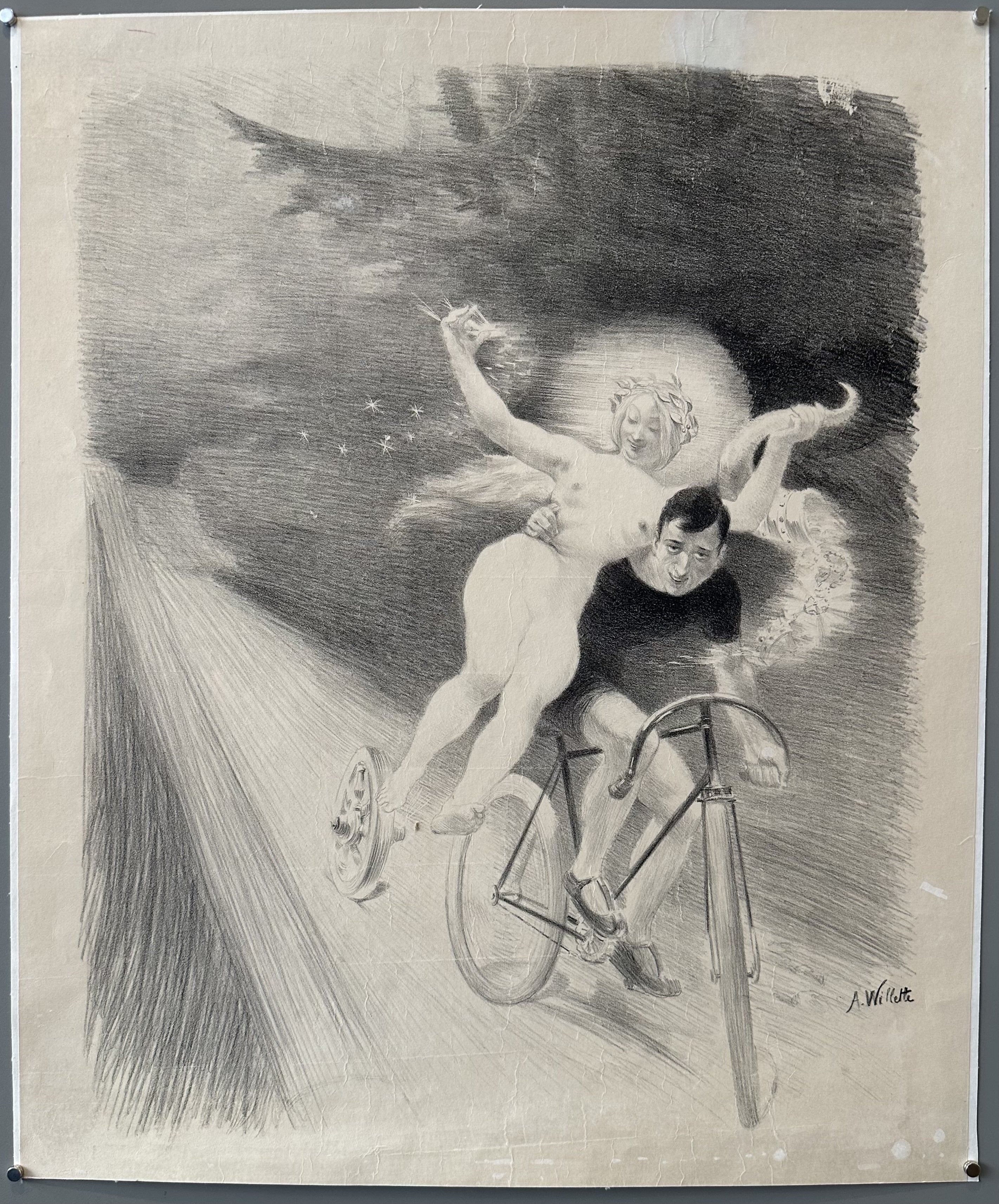 Man grasps woman while he bikes through the countryside in this black and white sketch from Willette.
