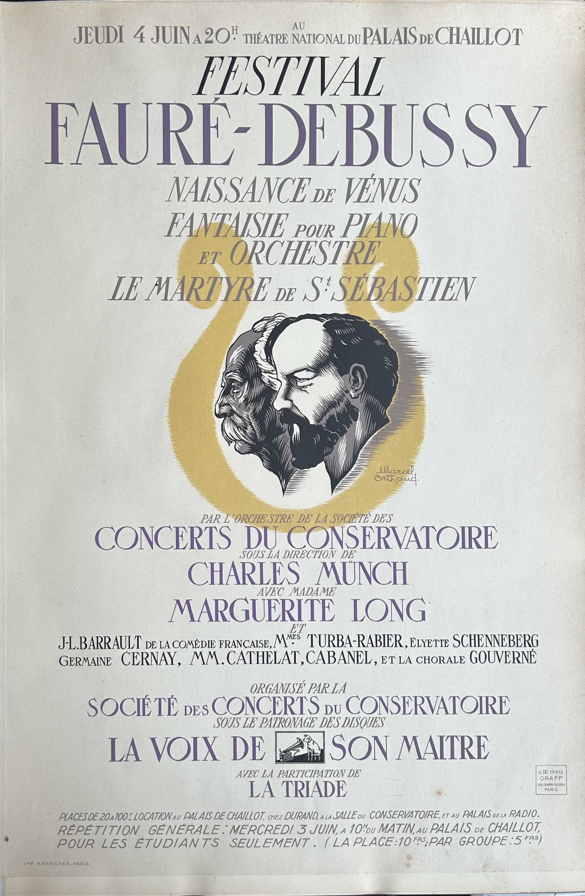 Gabriel Fauré and Claude Debussy festival with purple accent text and side profiles of the two composers in middle of poster.