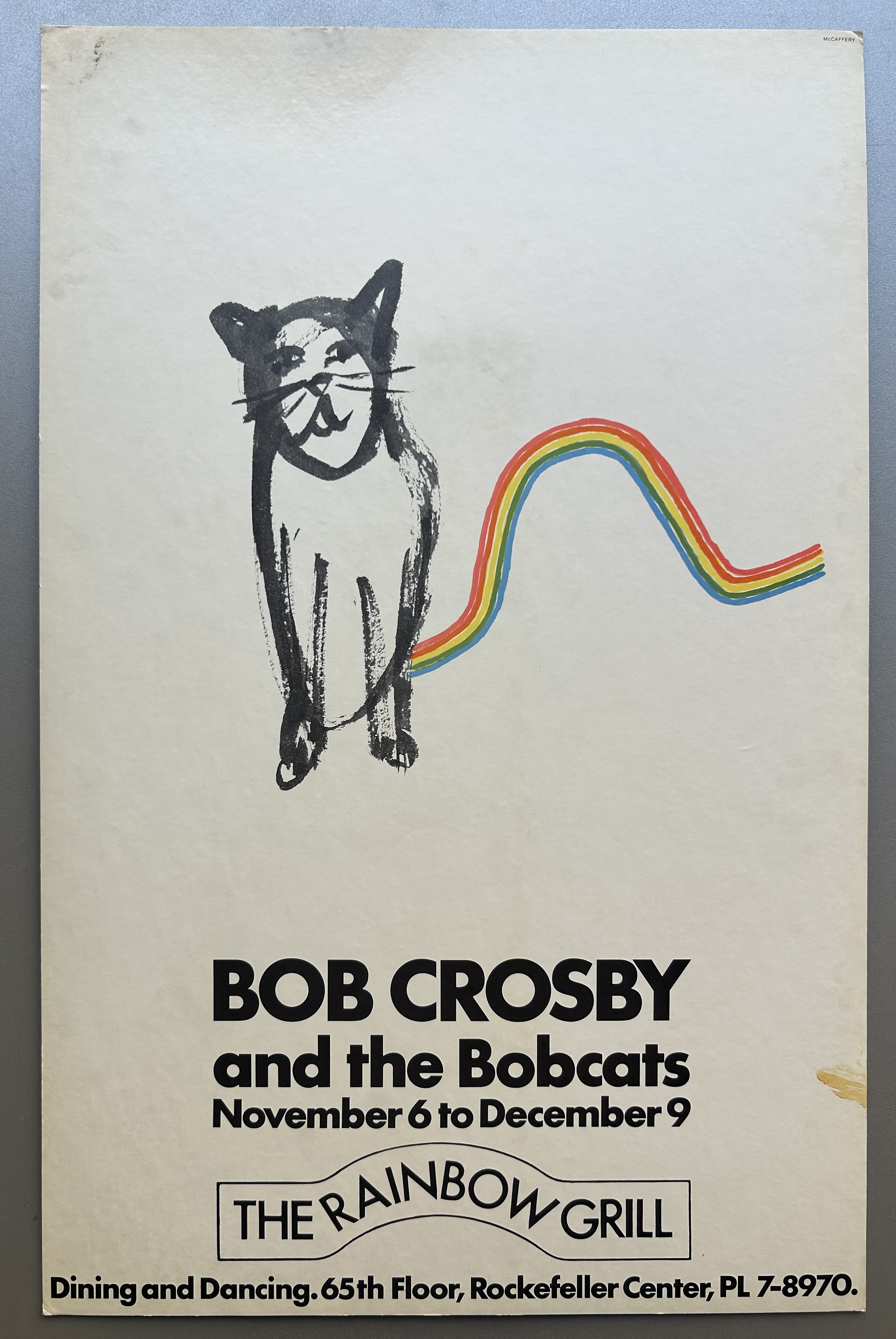 Simple poster with black text and black drawing of a cat with a rainbow coming from behind to promote jazz performance at Rainbow Grill.