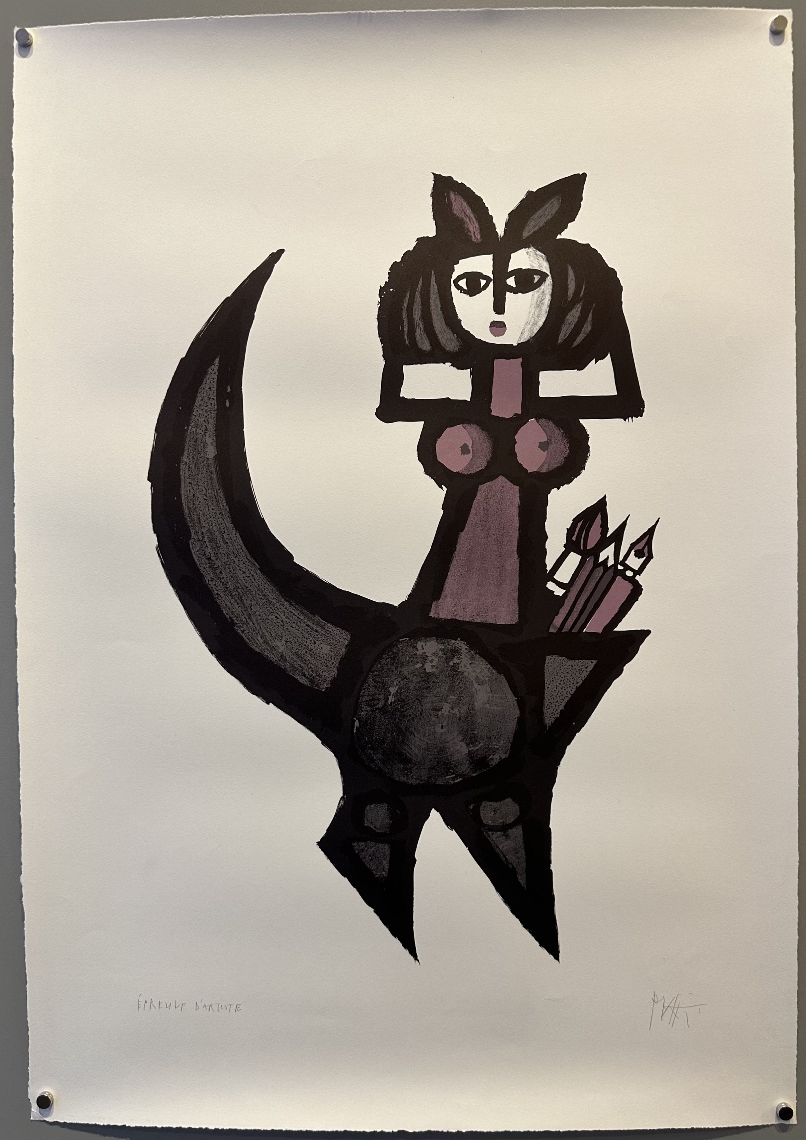 A black and white abstract painting of a stylized female figure holding art sypplies.