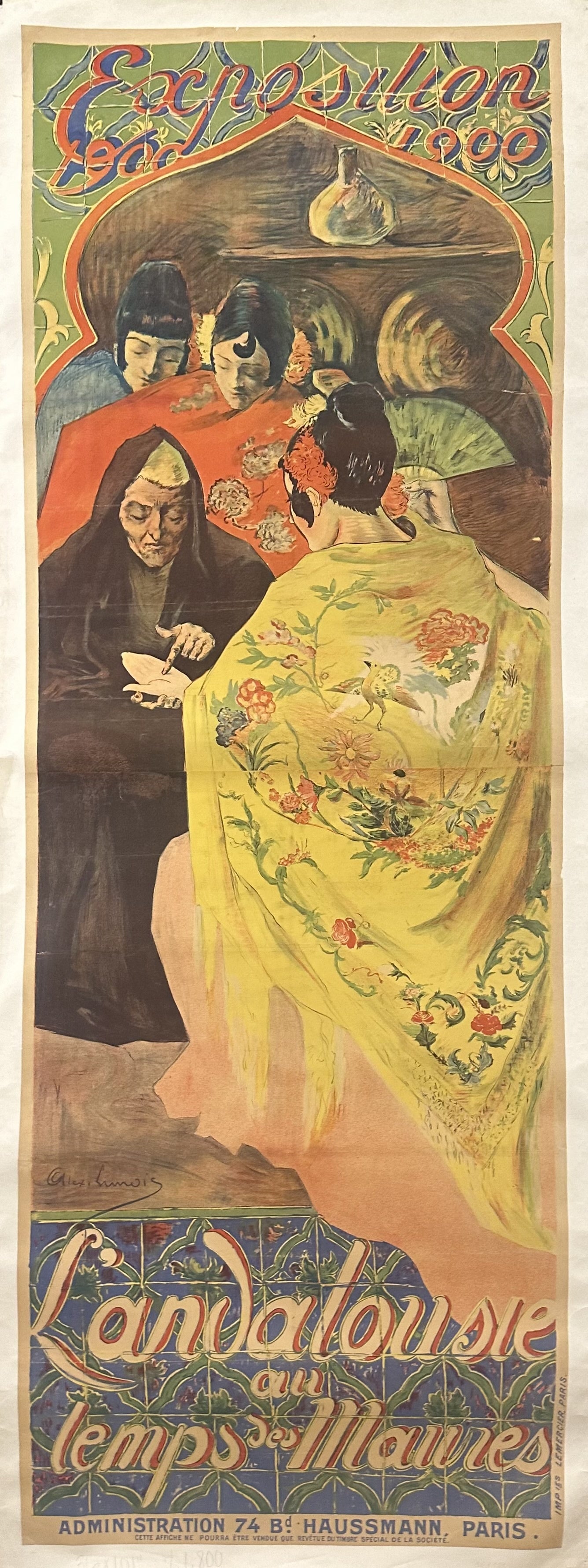A fortune teller reads a woman's palm in this Asian-inspired poster for a French exhibition.