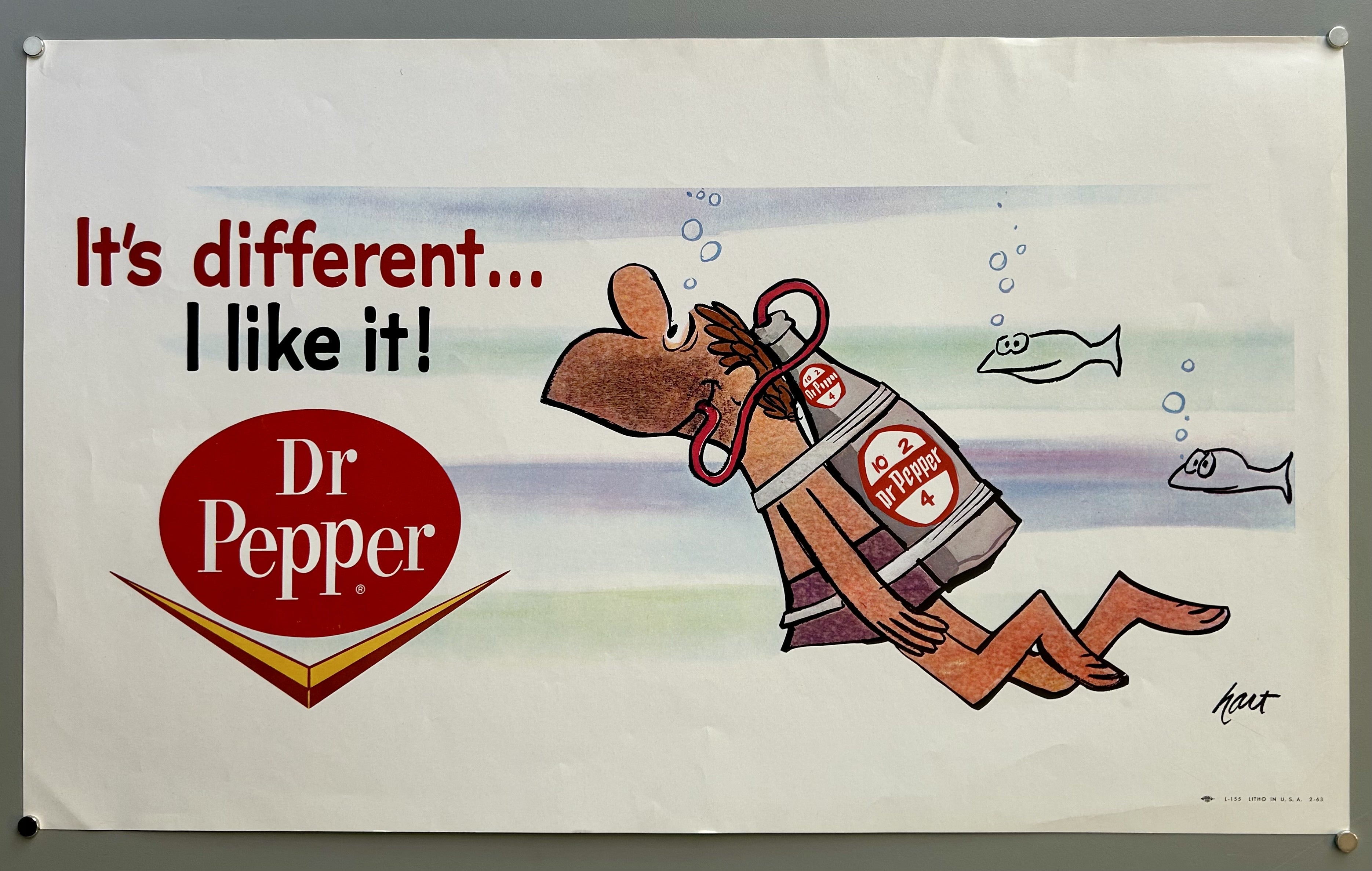 Dr. Pepper soda advertisement featuring illustration of man scuba diving and using the soda as his oxygen tank.