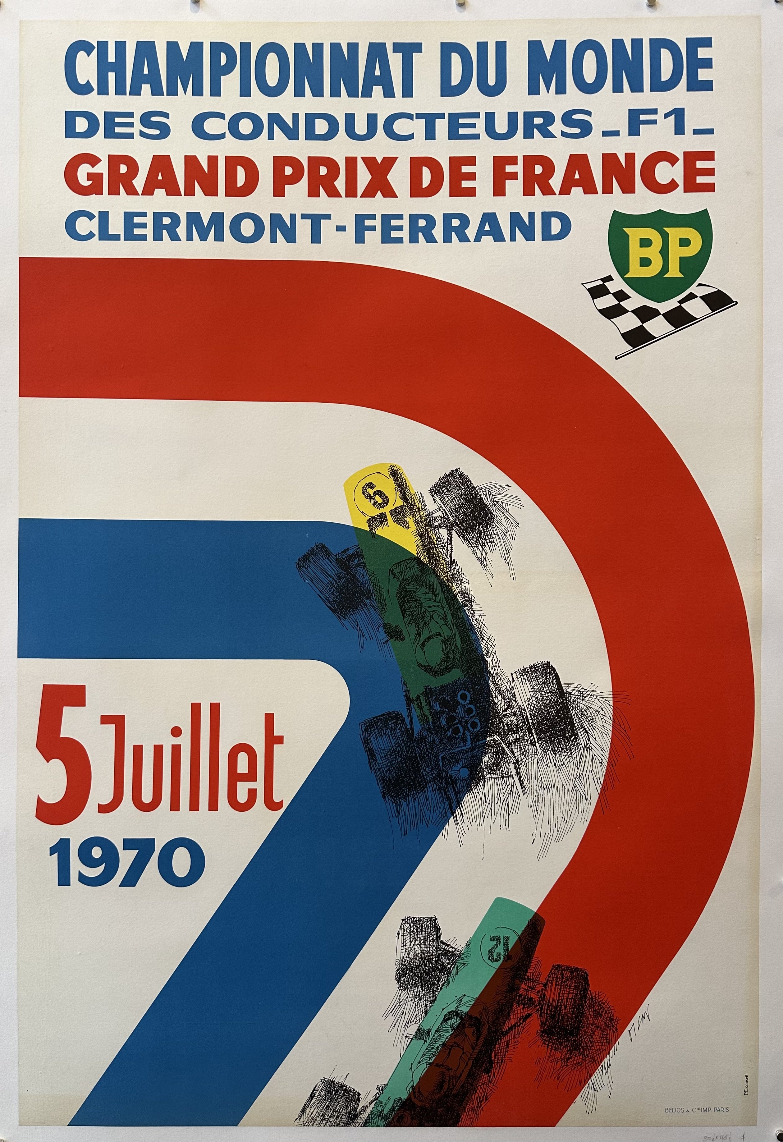 A poster alluding to the French flag to advertise the Grand Prix de France in July of 1970.
