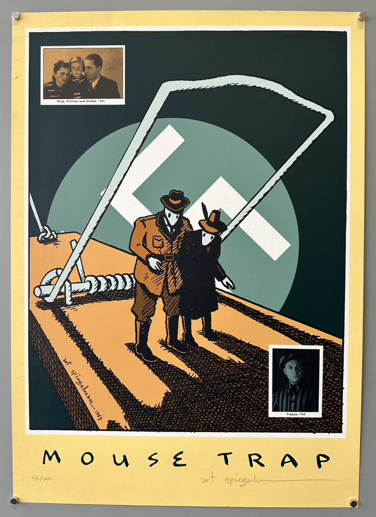 The central image depicts two anthropomorphic mouse characters, representing Vladek and Anja from Spiegelman's Maus, standing on a large, stylized mousetrap. Behind them is a green circle containing a white swastika, symbolizing the Nazi regime