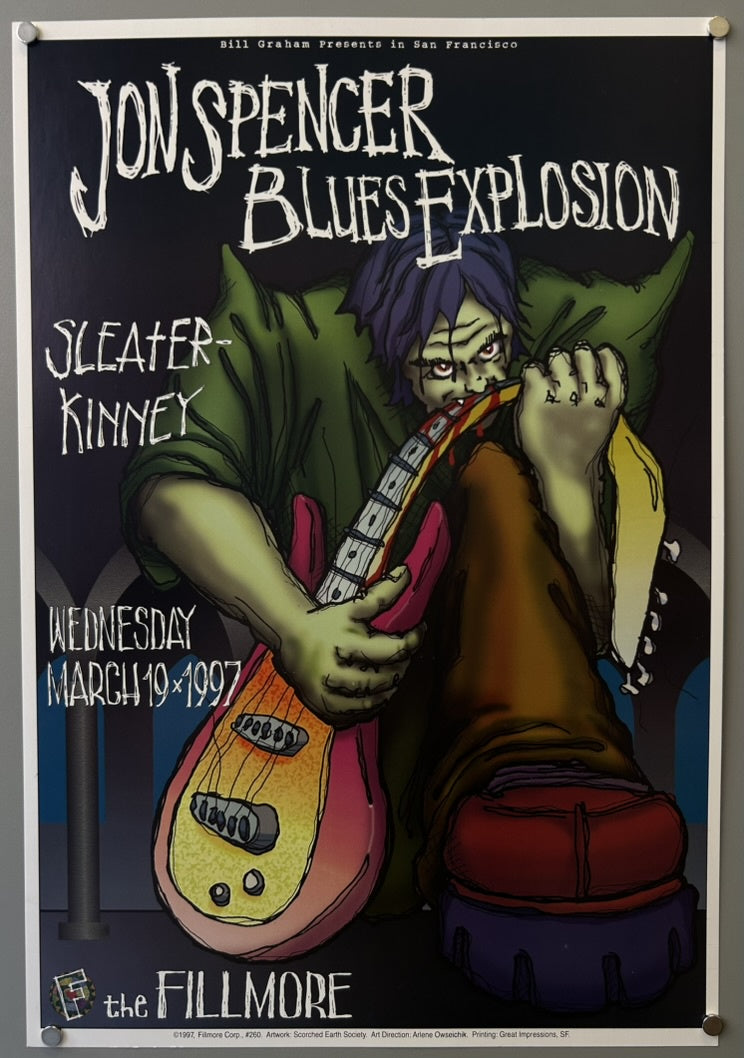 This poster advertises a concert featuring The Jon Spencer Blues Explosion and Sleater-Kinney at The Fillmore in San Francisco, California, on Wednesday, March 19, 1997.