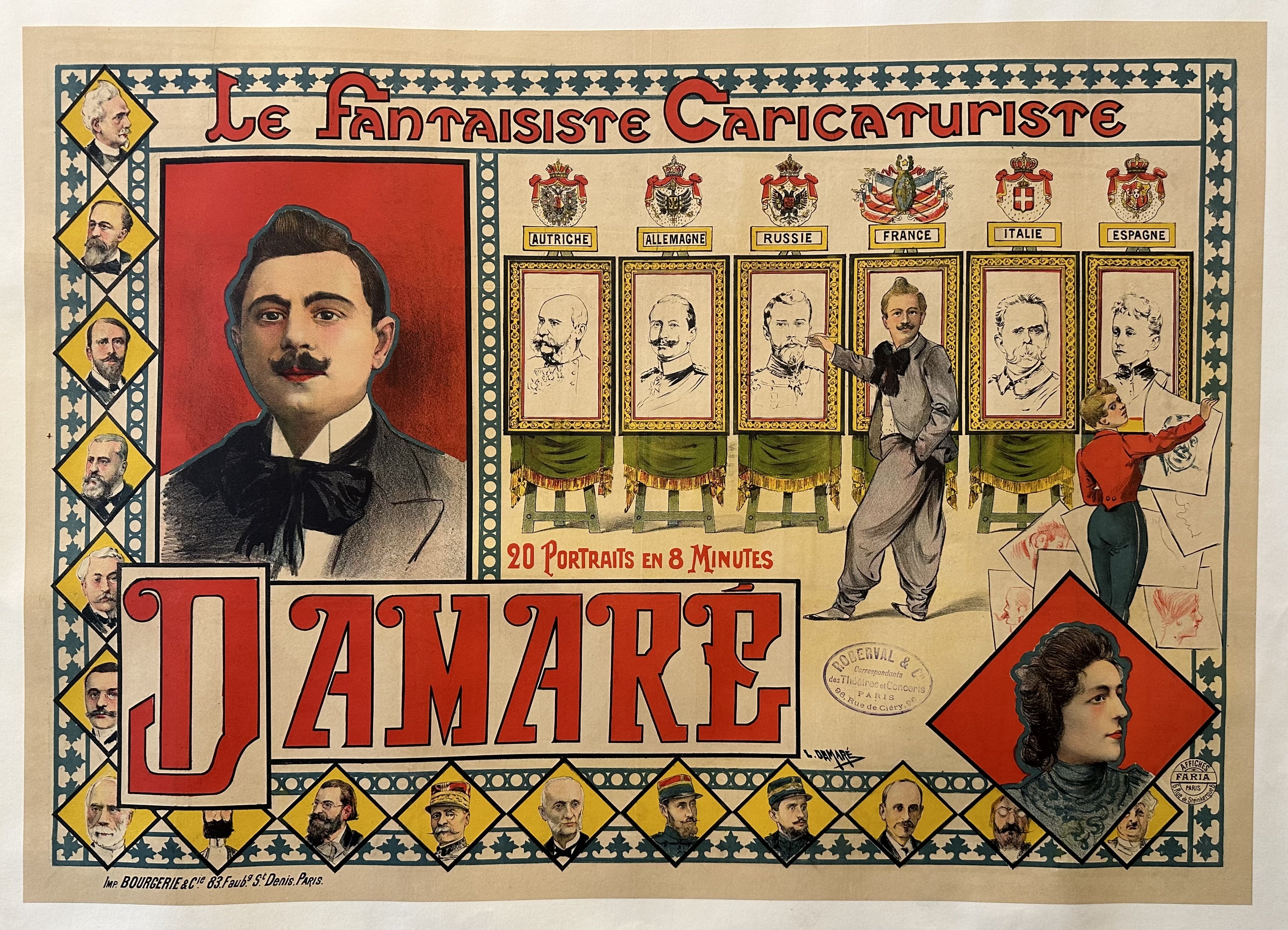 A vintage poster featuring a caricaturist named Damare, who boasts the ability to draw 20 portraits in 8 minutes. The poster showcases Damare's work with various caricatured faces and includes text in French.