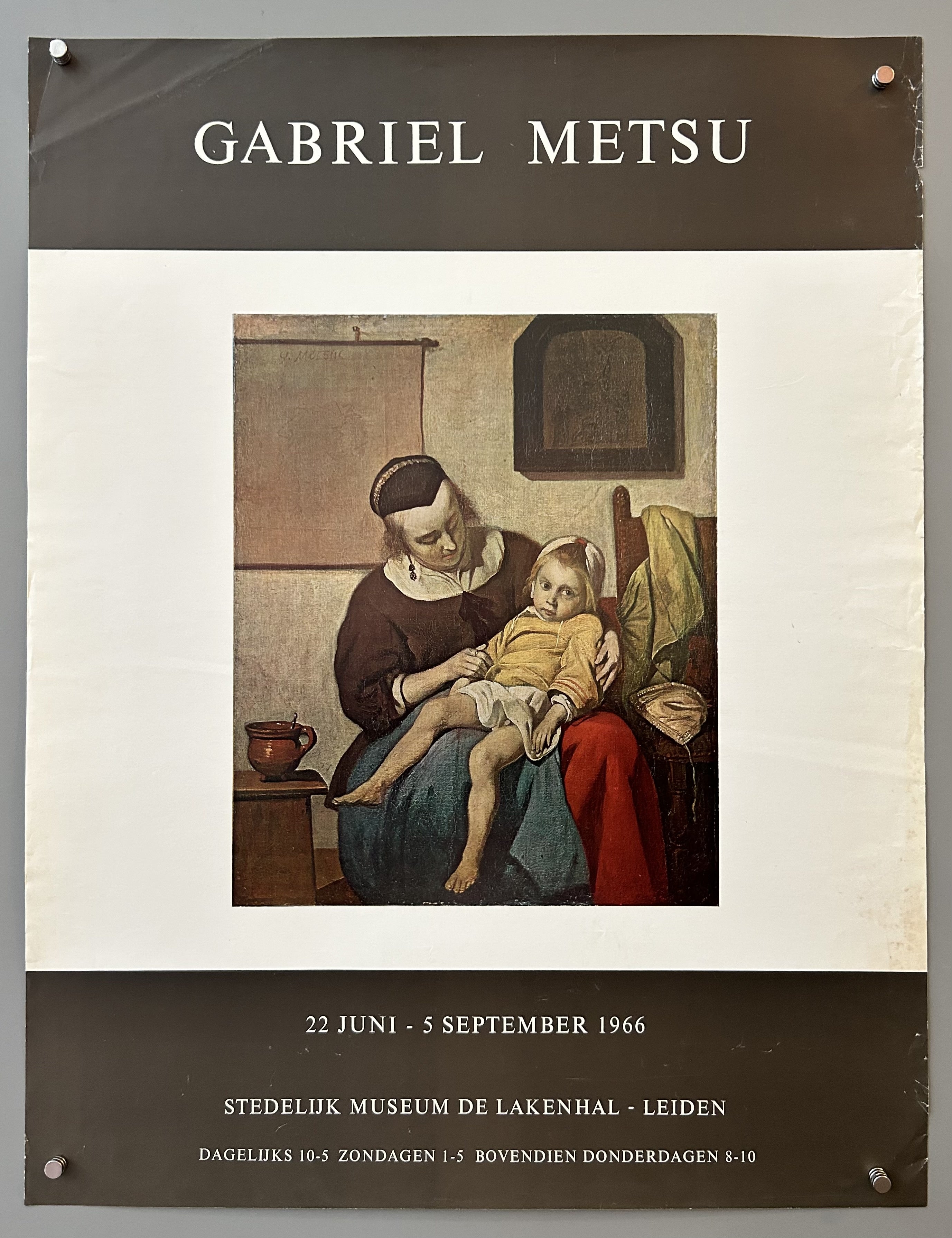 Poster features a painting from Gabriel Metsu in the center with brown border to promote art exhibition in Netherlands.