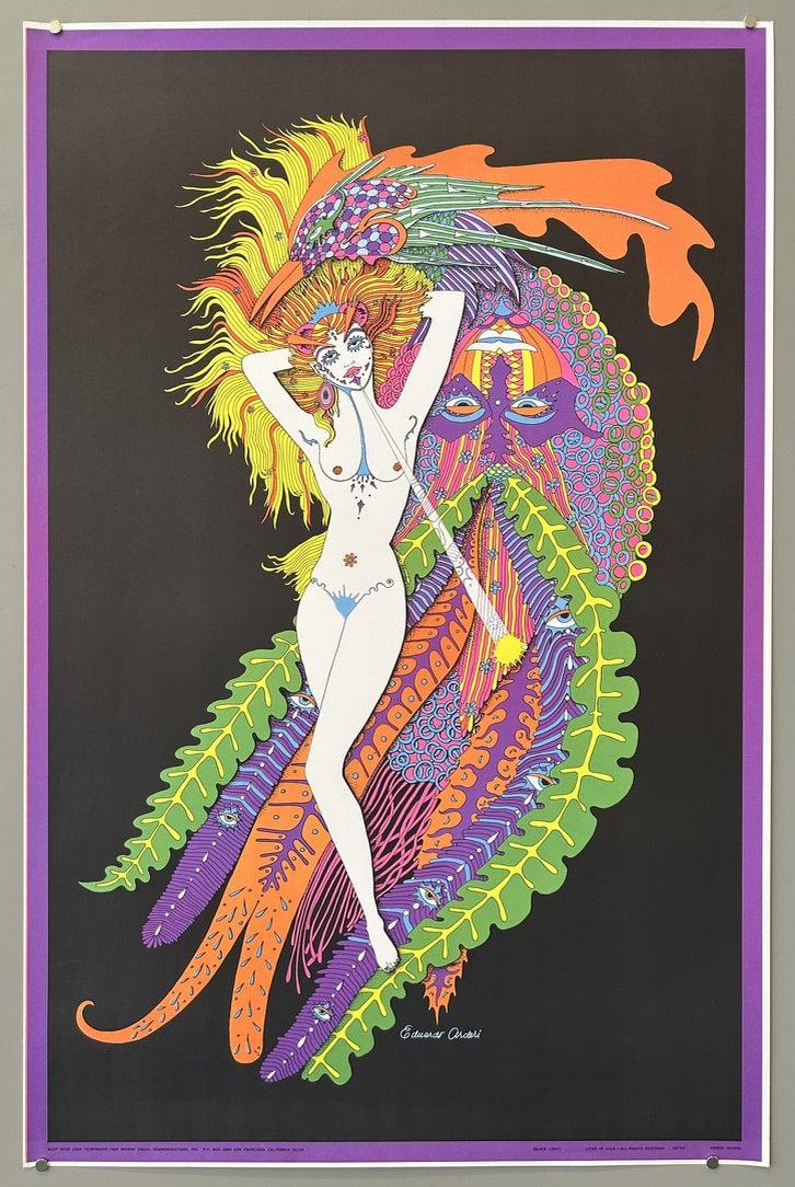 A psychedelic blacklight poster titled "Dear Leda" by Eduardo Arderi from 1969, featuring a nude woman with long, flowing red hair and intricate, colorful, feather-like wings and tail in vibrant shades of orange, yellow, green, and purple against a black background