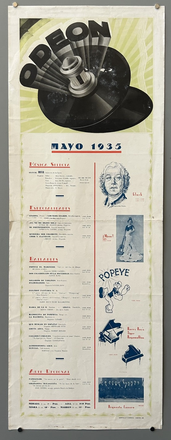 A vintage poster advertising Odeon cinema's program for May 1935, featuring a large graphic of a film projector at the top, followed by a detailed schedule of films and performances, including mentions of 'Popeye' and classical music figures like Mozart and Beethoven