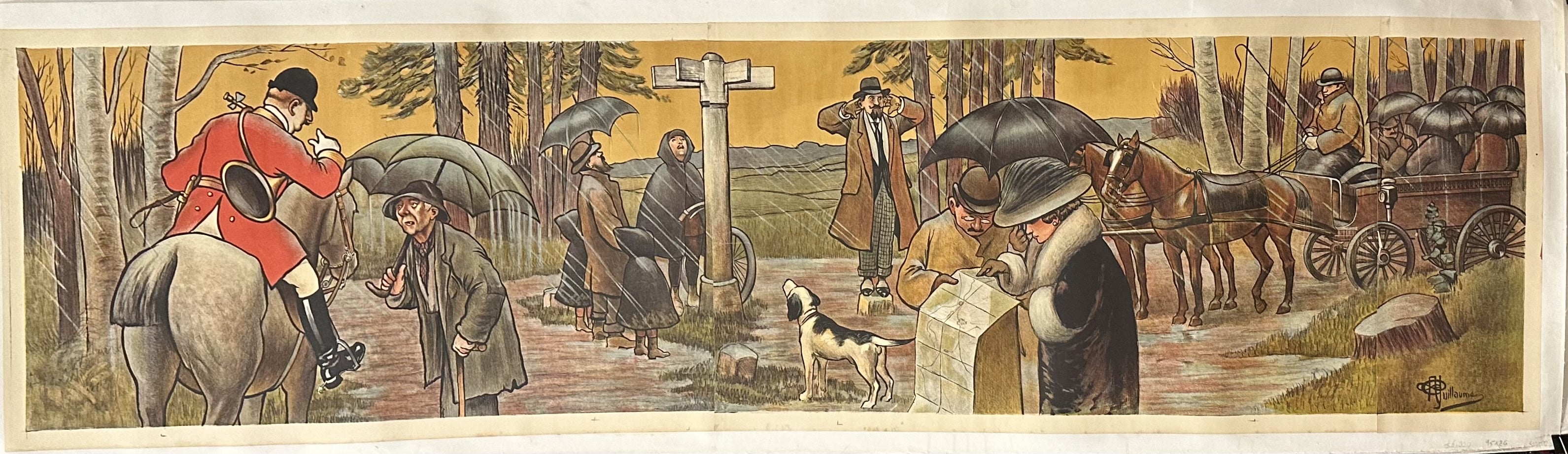 A vintage print of a painting depicting a hunting scene with people on horseback and dogs in a forest.