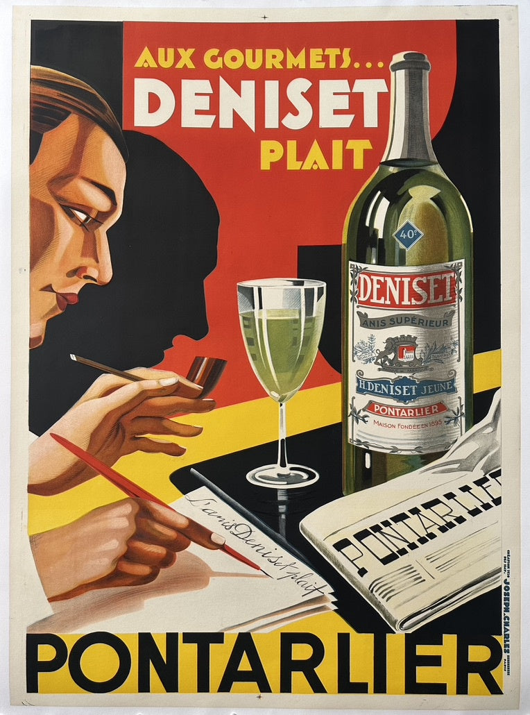 The poster is an original vintage French advertisement for Deniset Anis Supérieur, an anise-based aperitif from Pontarlier, France, created around 1930 by the artist Joseph Charles.