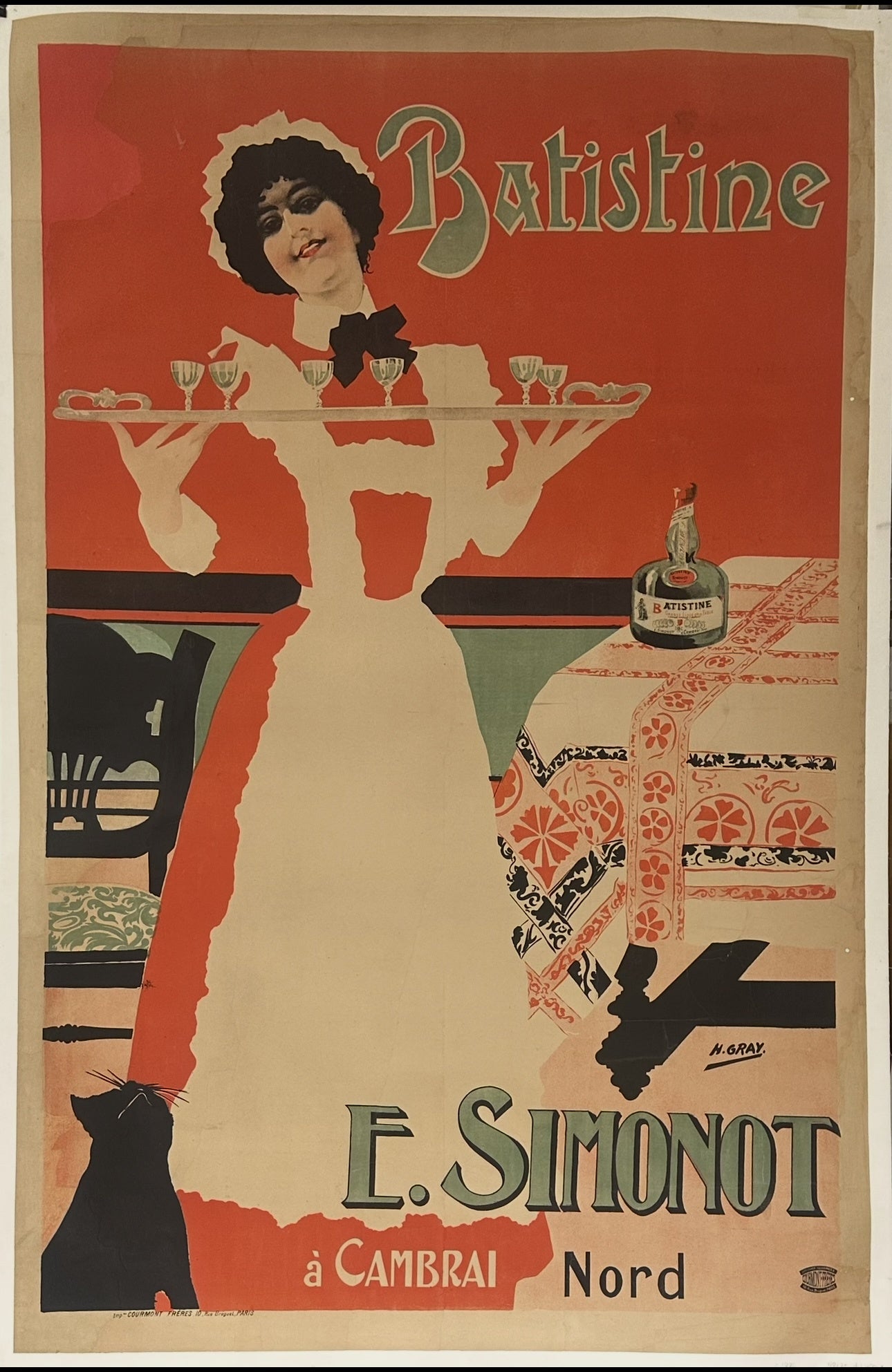 It features a striking and complex composition, notably depicting a maid whose body is formed by a combination of negative space and an undelineated portion of the background. She is shown holding a tray with glasses, and a bottle of Batistine is visible on a table with a patterned cloth.