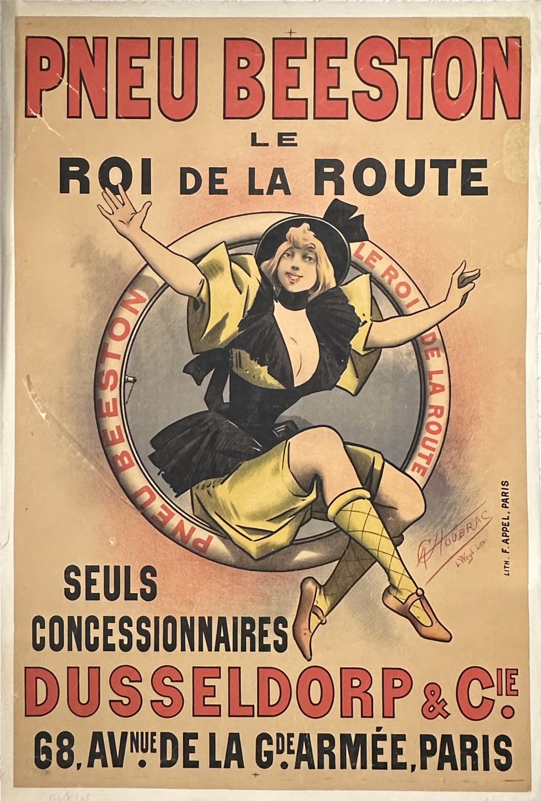 Illustrated woman sits inside Beeston Tire to promote product in large French poster.